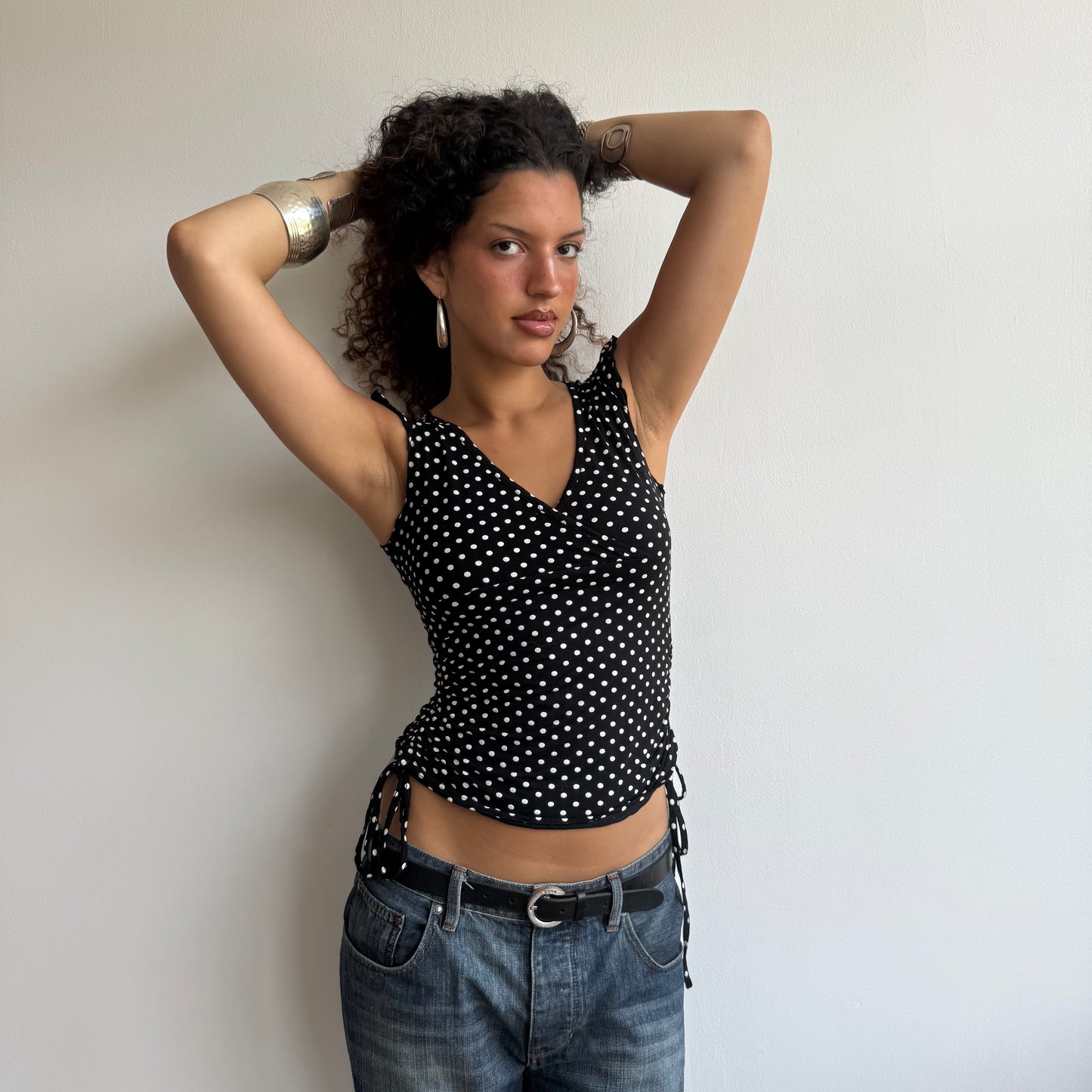 Polka dot ruched tie side t-shirt - Size S