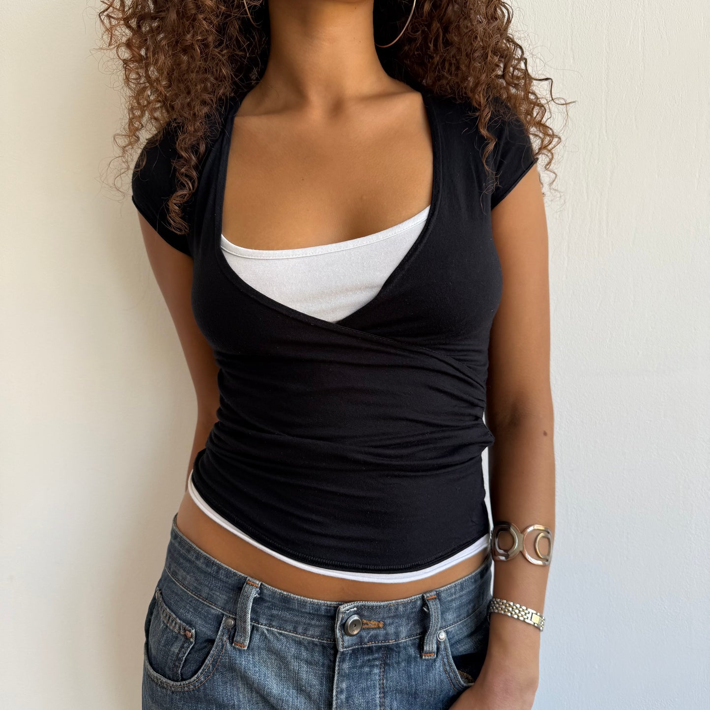 Black + white double layer wrap top - Size S + L