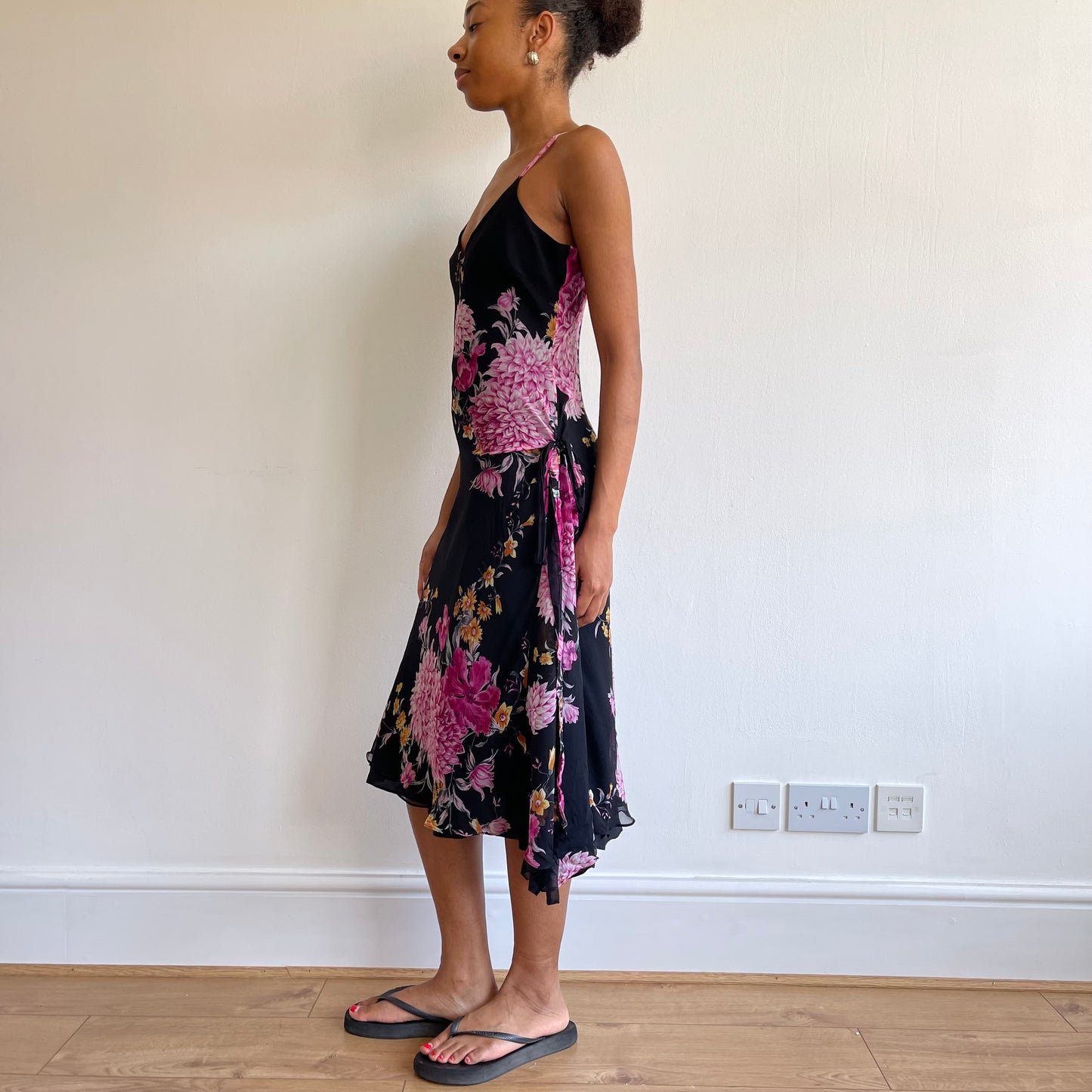 Black and purple floral midi dress - Size S