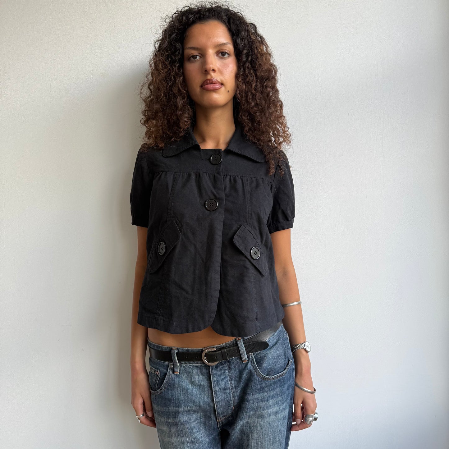 Black linen short sleeve peacoat - Size S/M