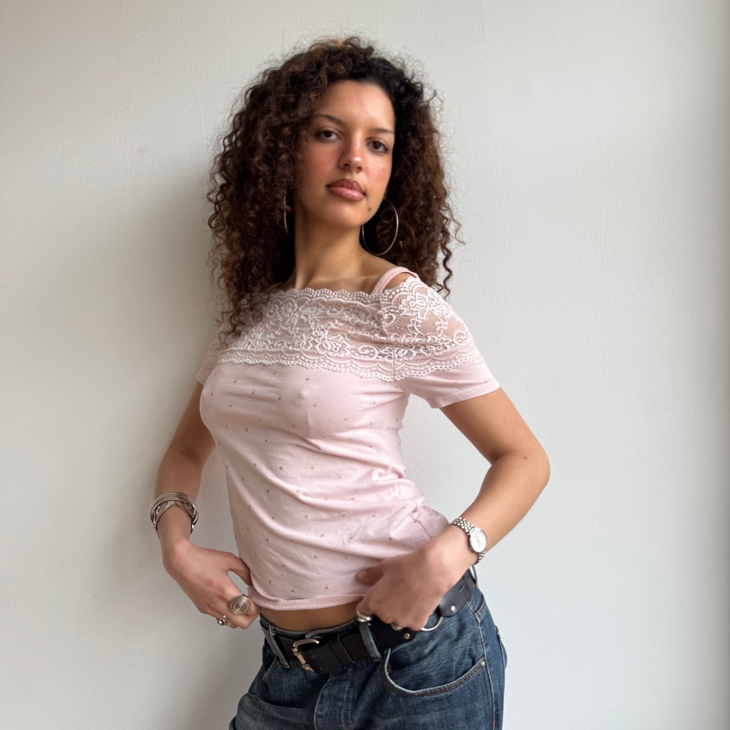 Pink lace Bardot top - Size M