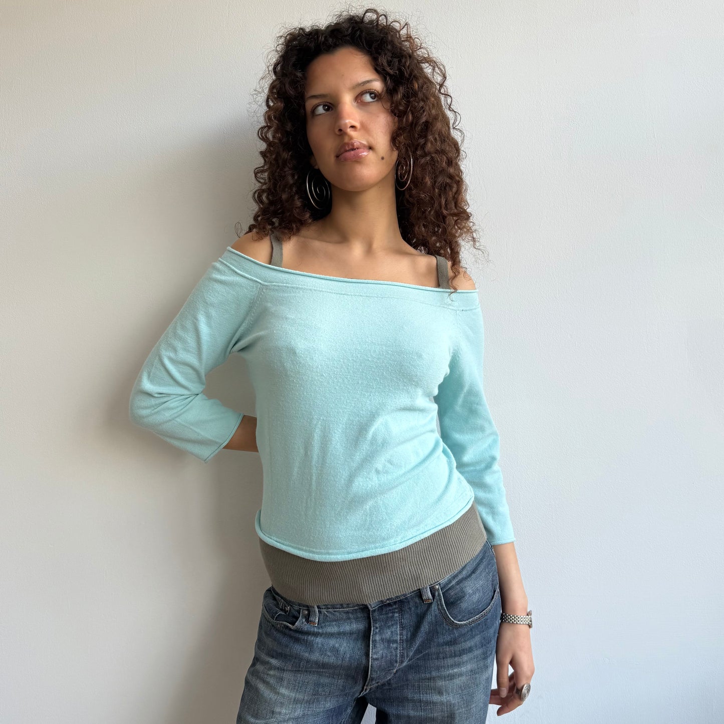 Blue + brown double layer knit - Size S/M