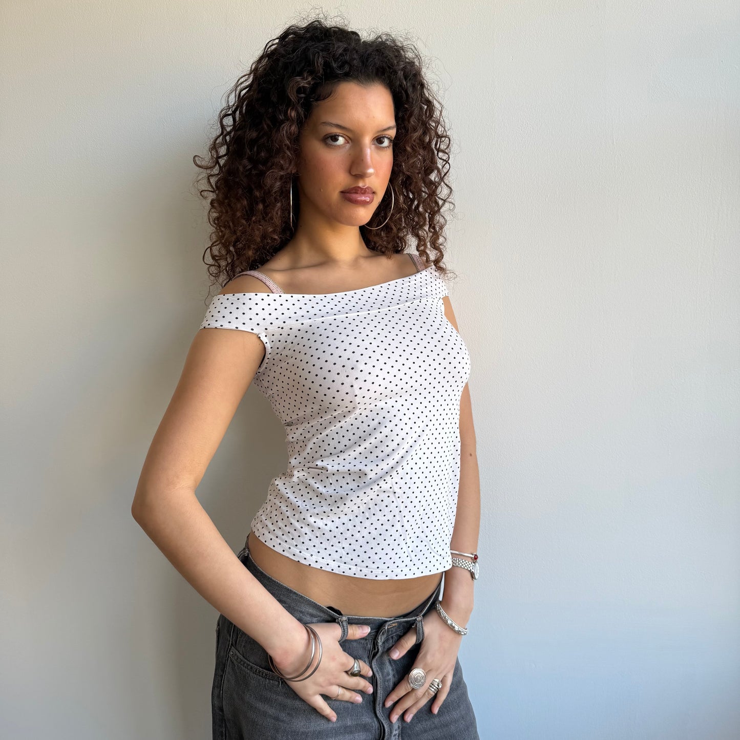 White polka dot Bardot top - Size S + L