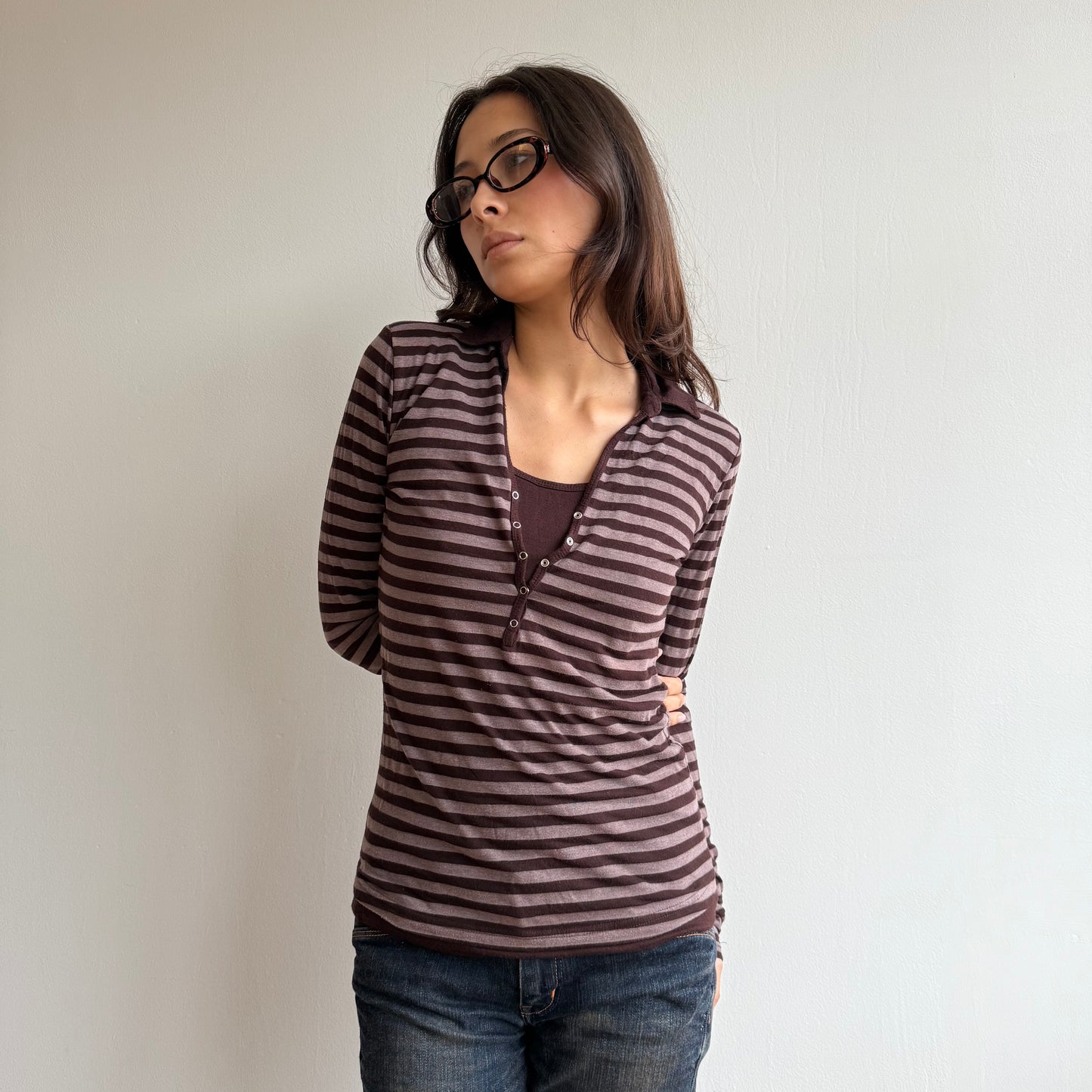 Brown stripe collar top - Size S