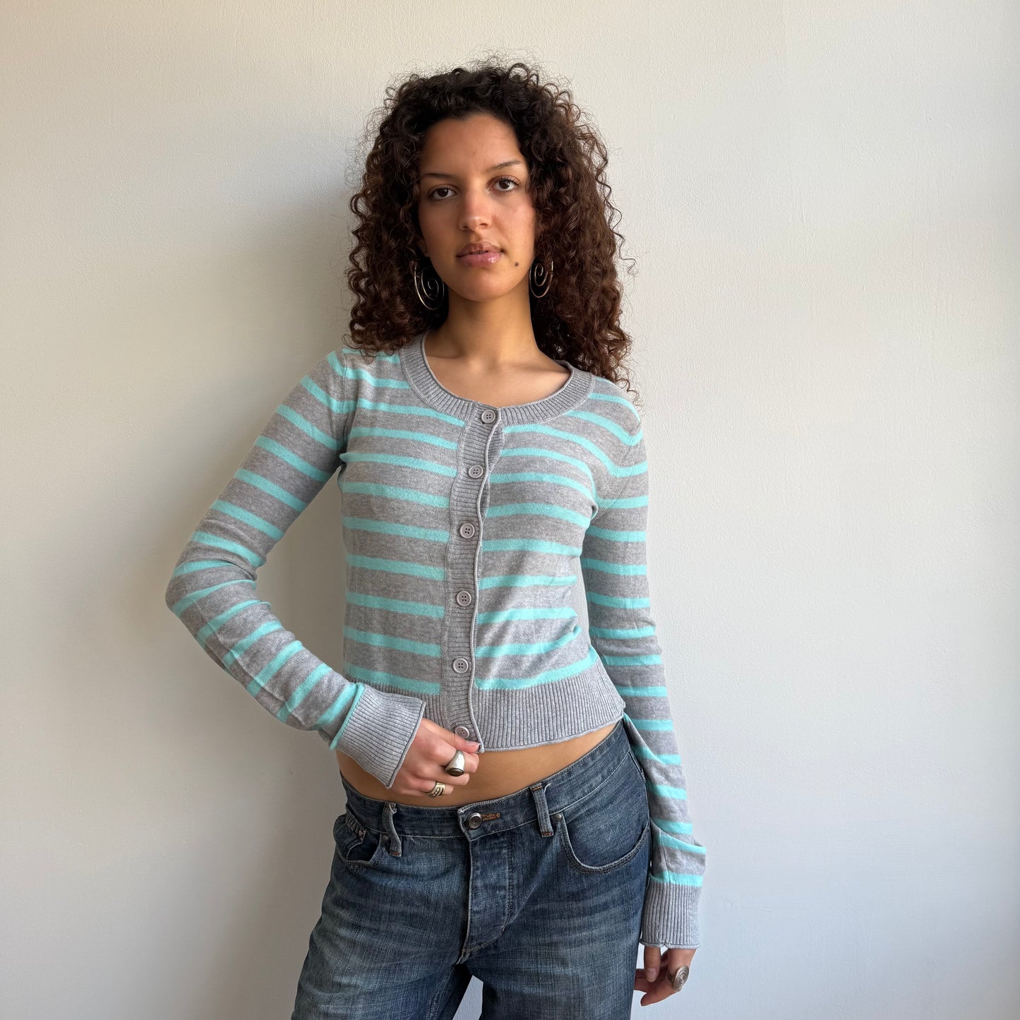 Turquoise + grey striped cardi- Size M