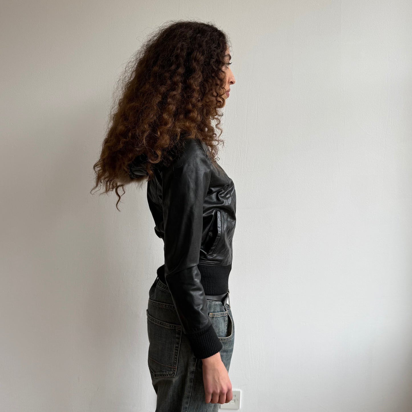 Black leather fur hood bomber - Size S