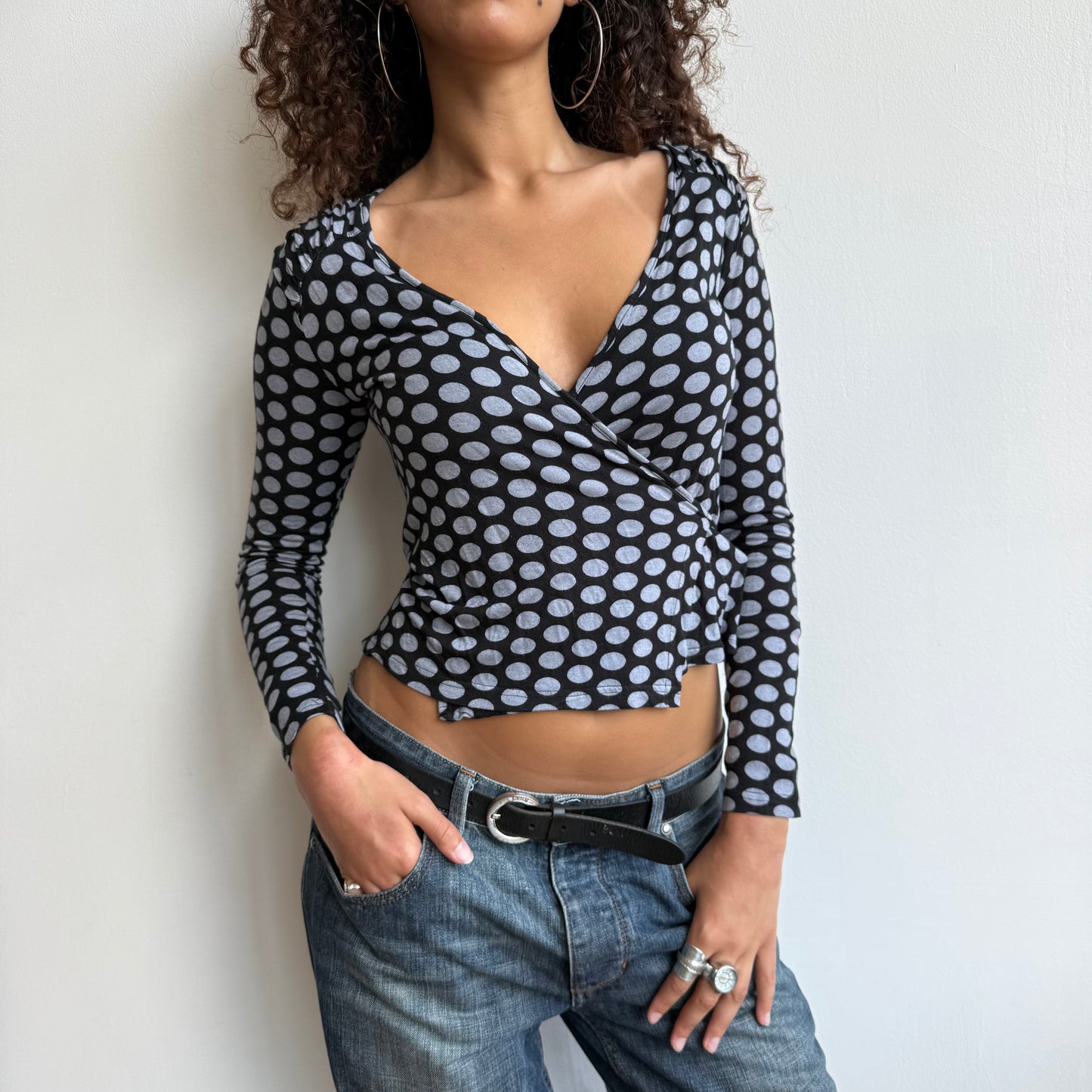 Black + grey polka dot wrap top - Size M