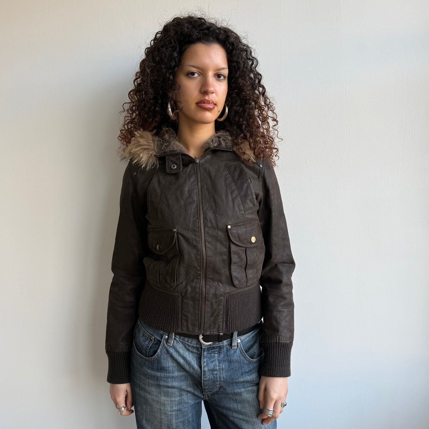 Brown suede fur hood bomber - Size S