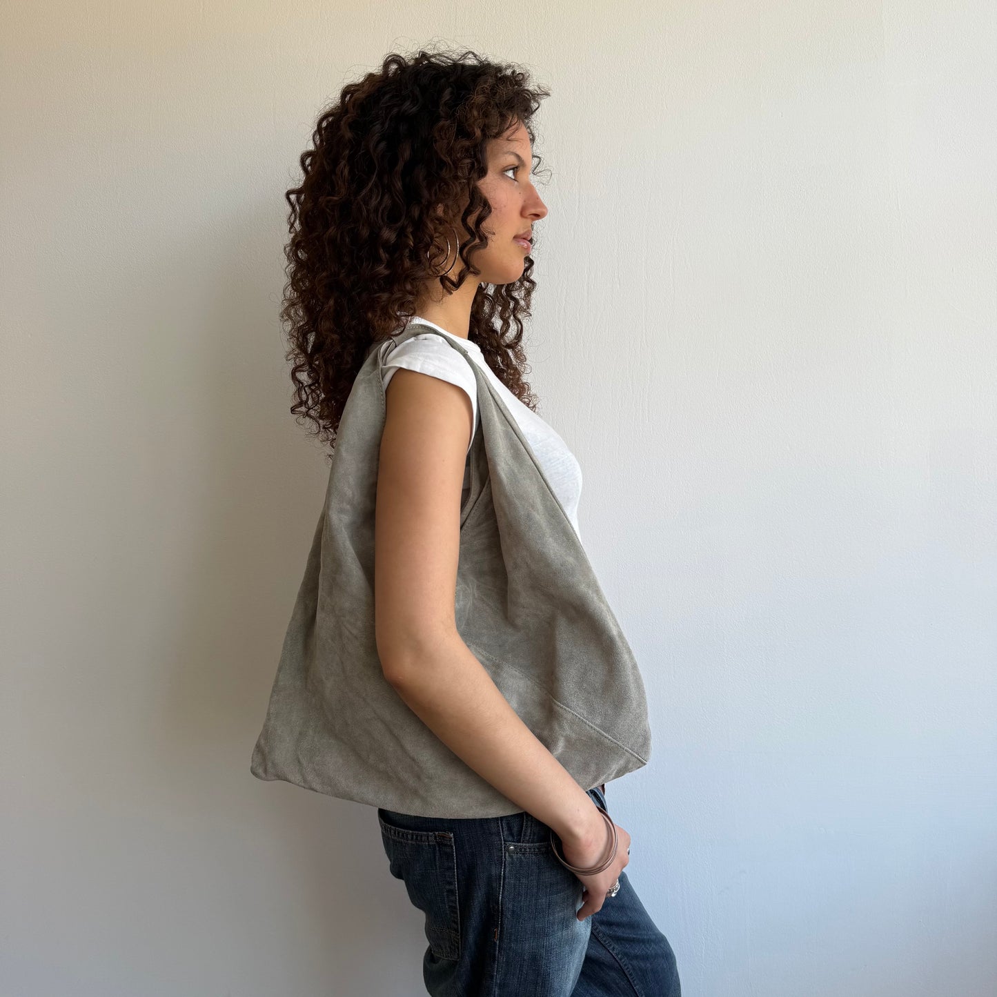 Khaki suede hobo bag