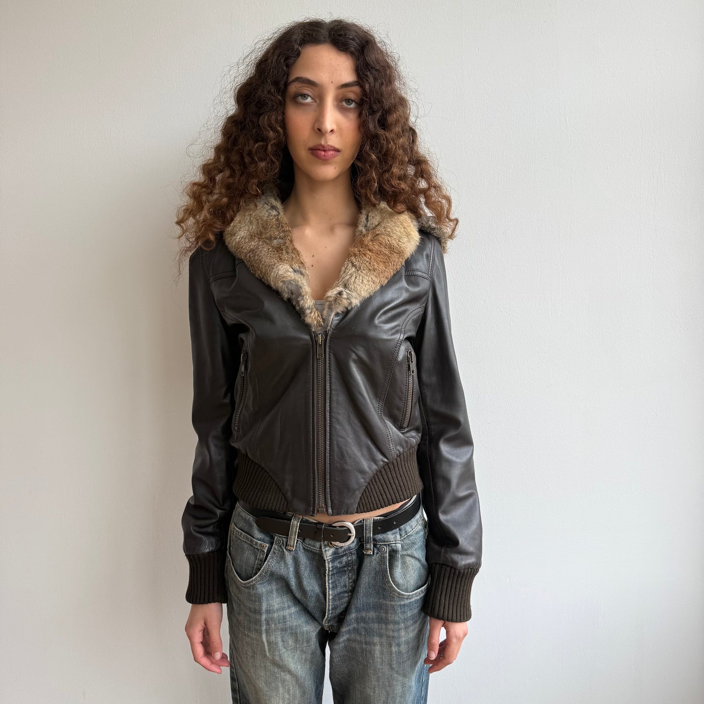 Dark brown leather fur hooded bomber - Size S