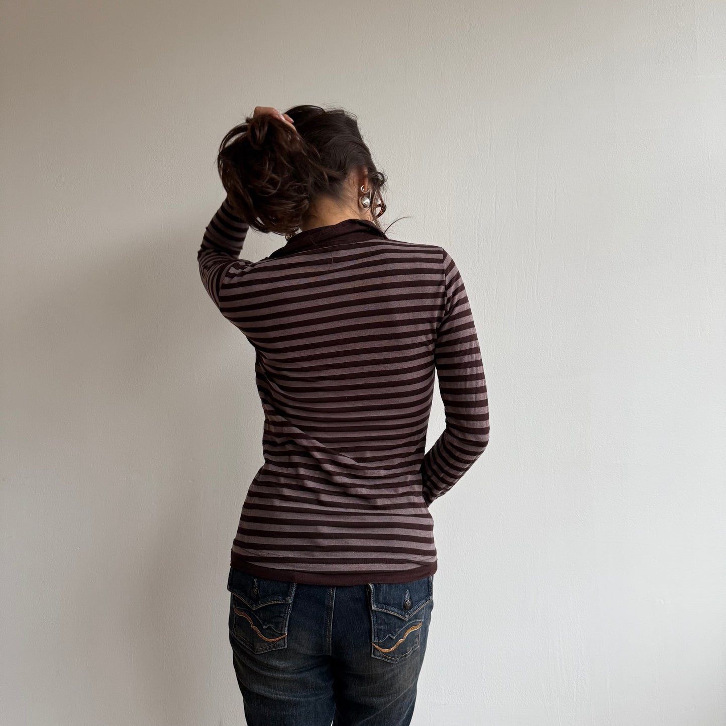 Brown stripe collar top - Size S