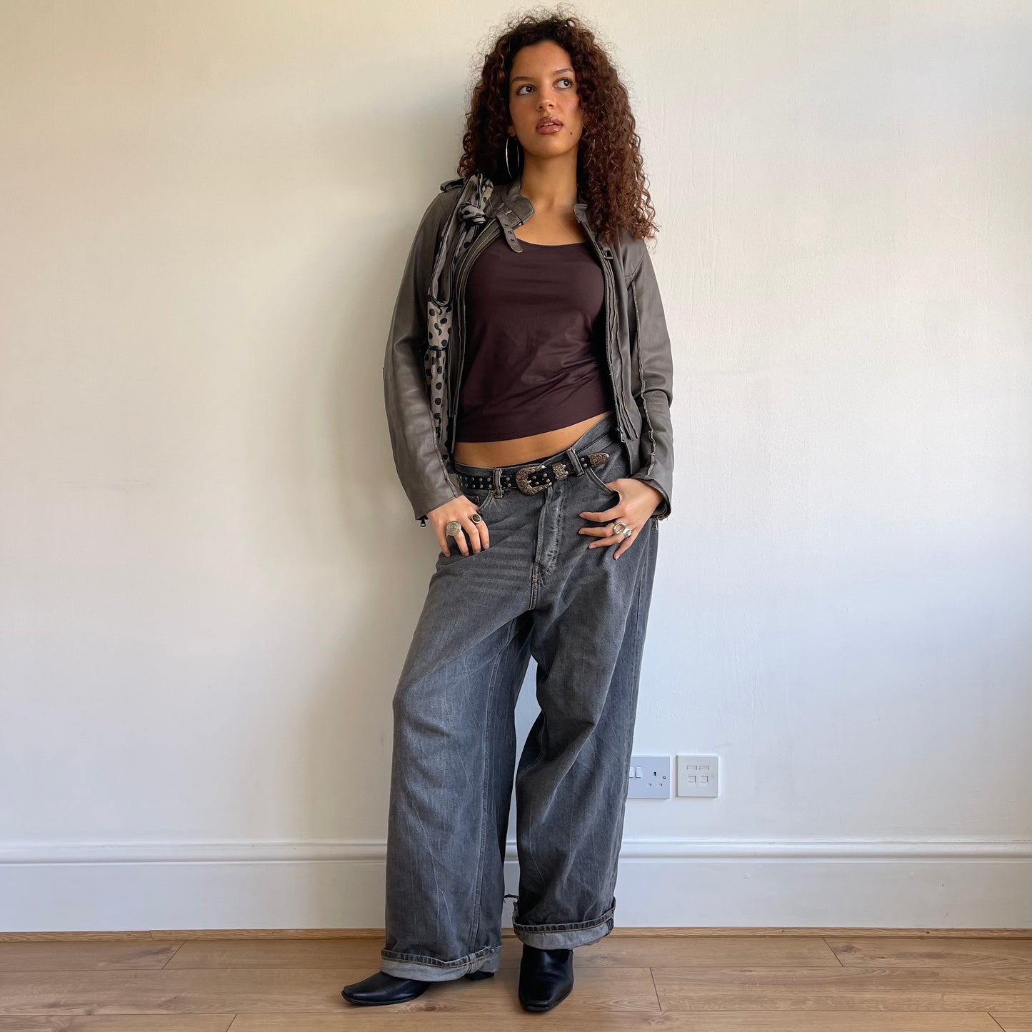 Grey leather moto jacket - Size S