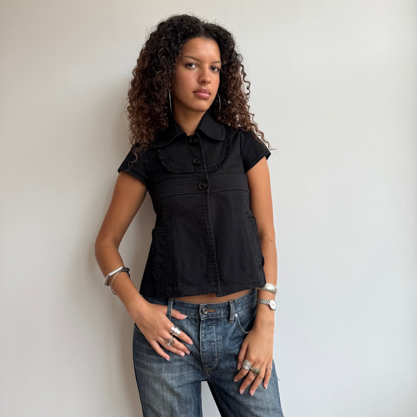 Black short sleeve ruffle peacoat - Size S