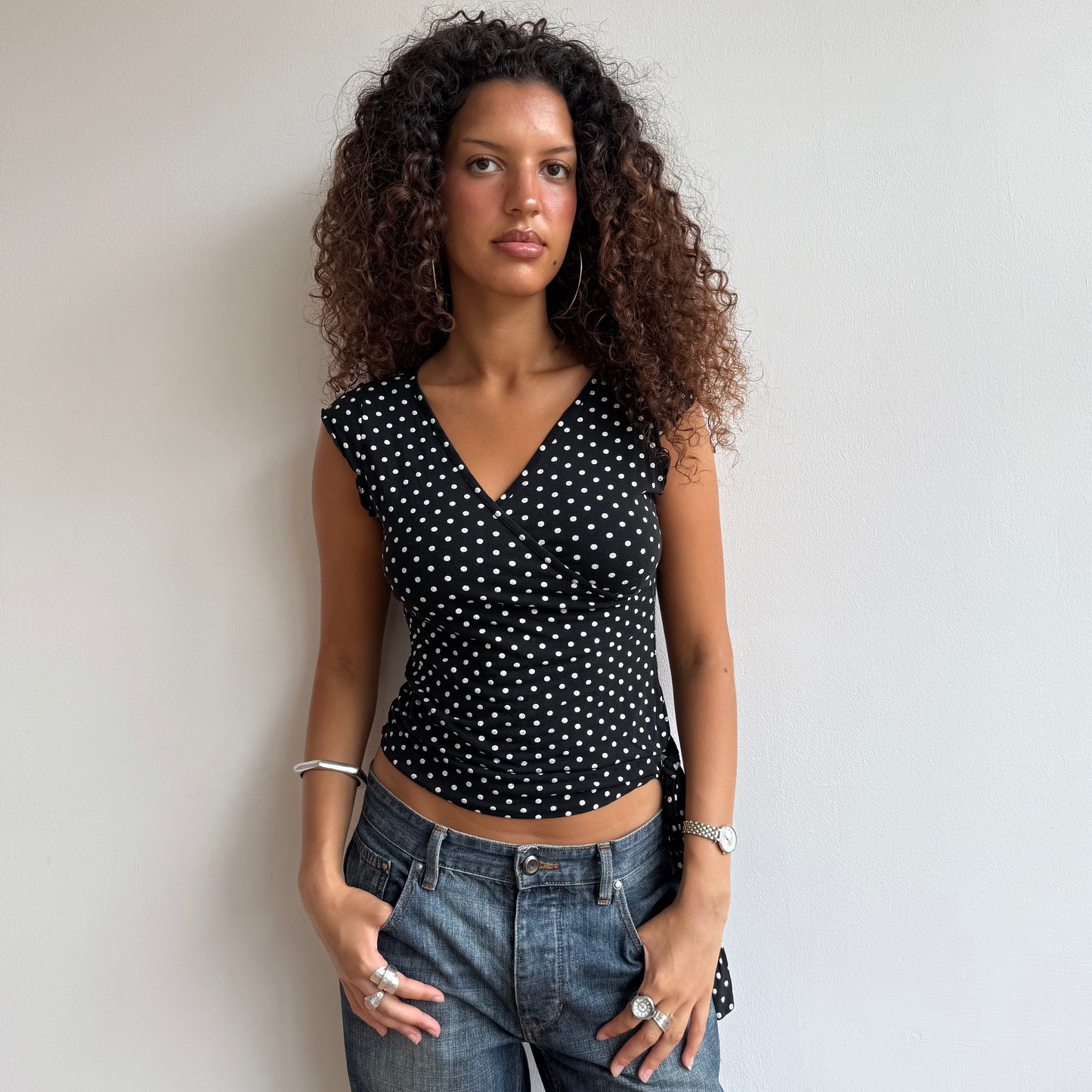 Polka dot tie side wrap top - Size S + M