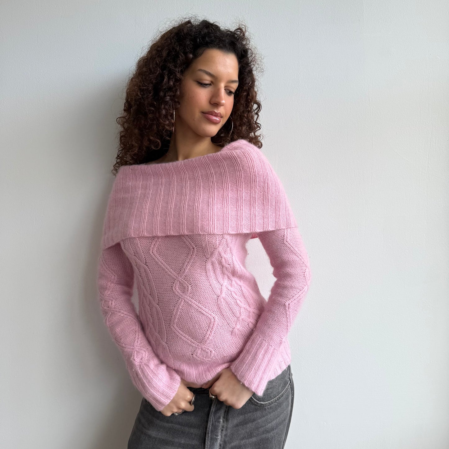 Pink knit Bardot jumper - Size S/M