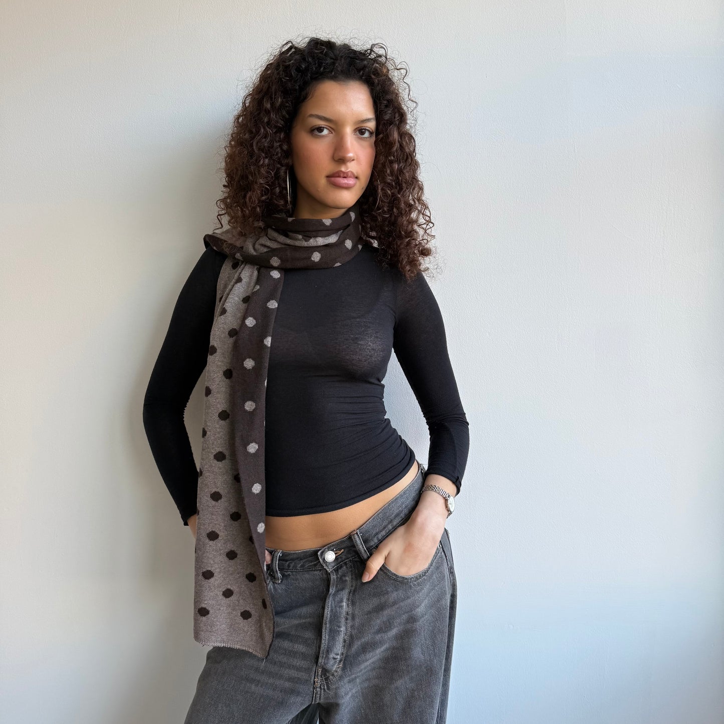 Brown polka dot reversible scarf