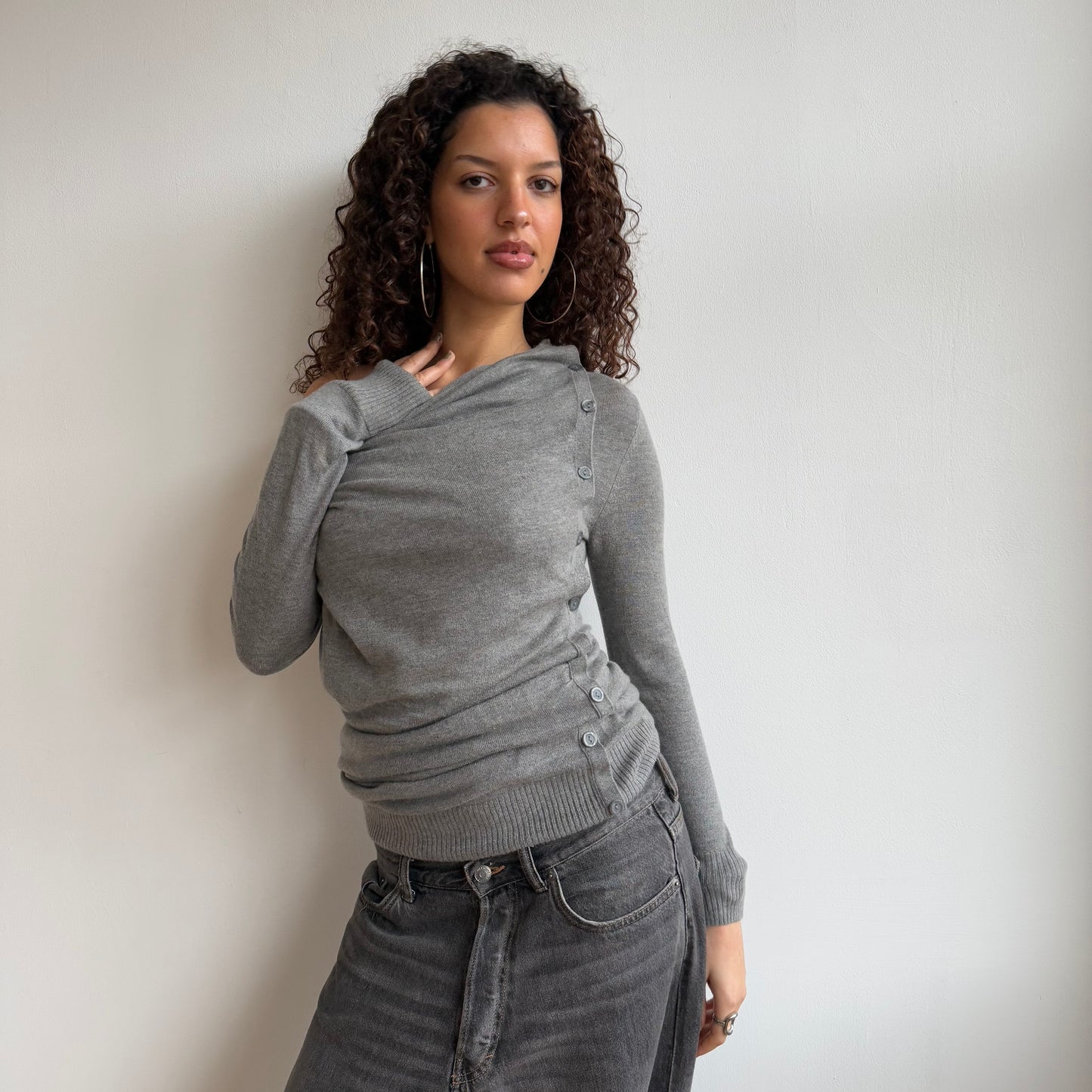 Grey knit button jumper dress - Size S