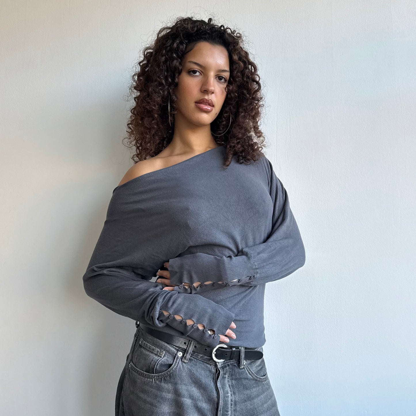 Grey slouchy button jumper - Size S