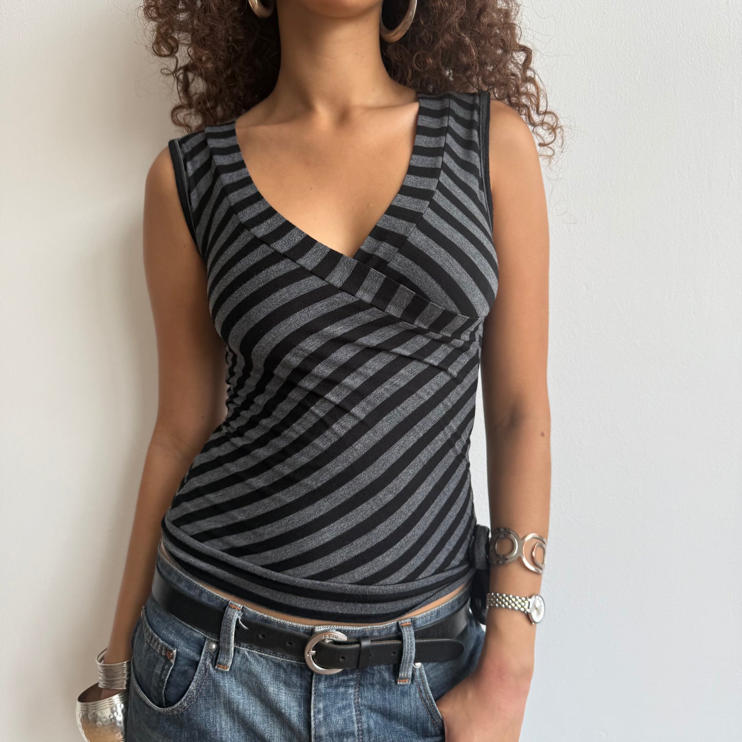Black + grey stripe wrap top - Size M