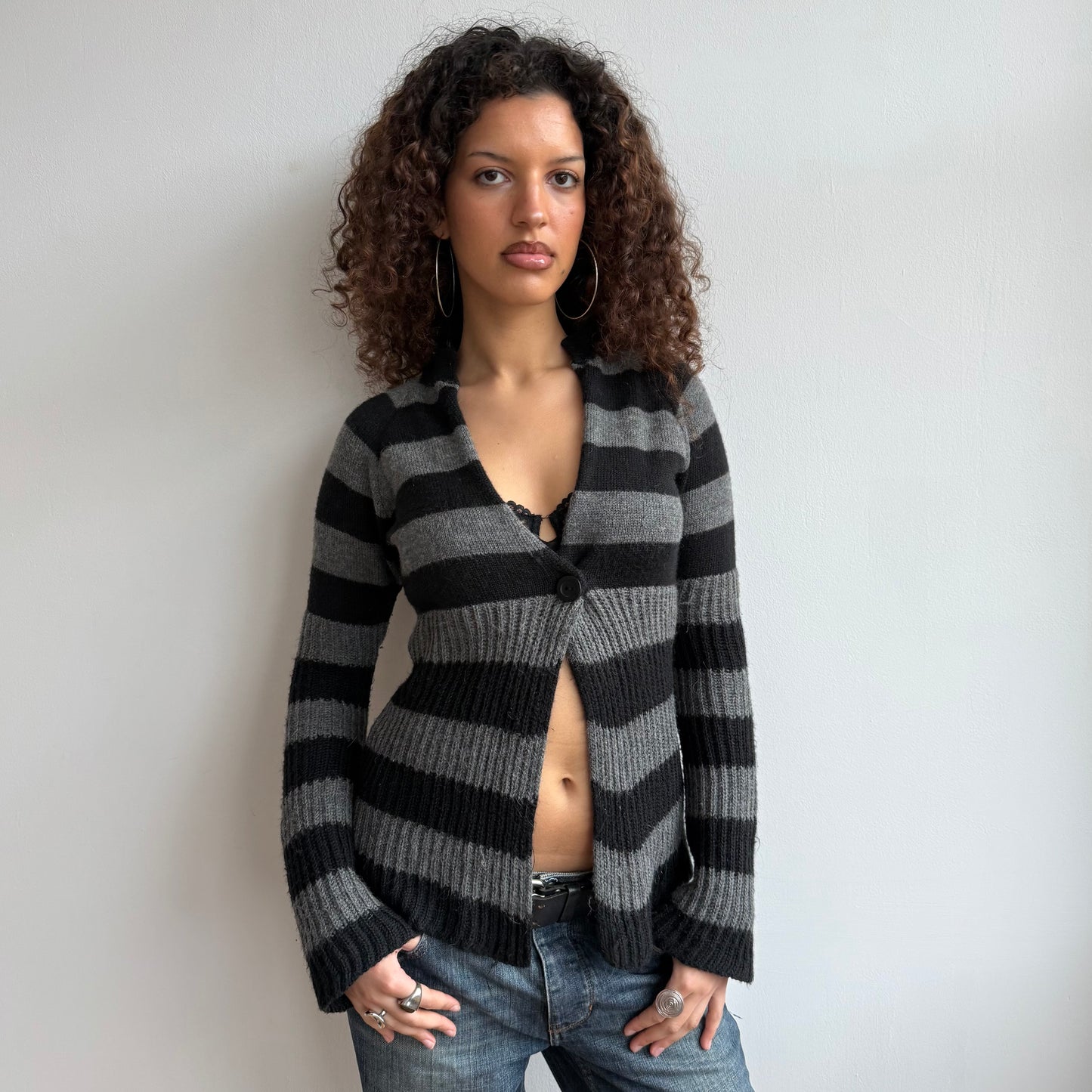 Black + grey striped cardi - Size M