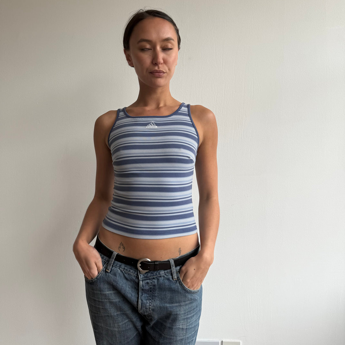 Blue striped Adidas top - Size S