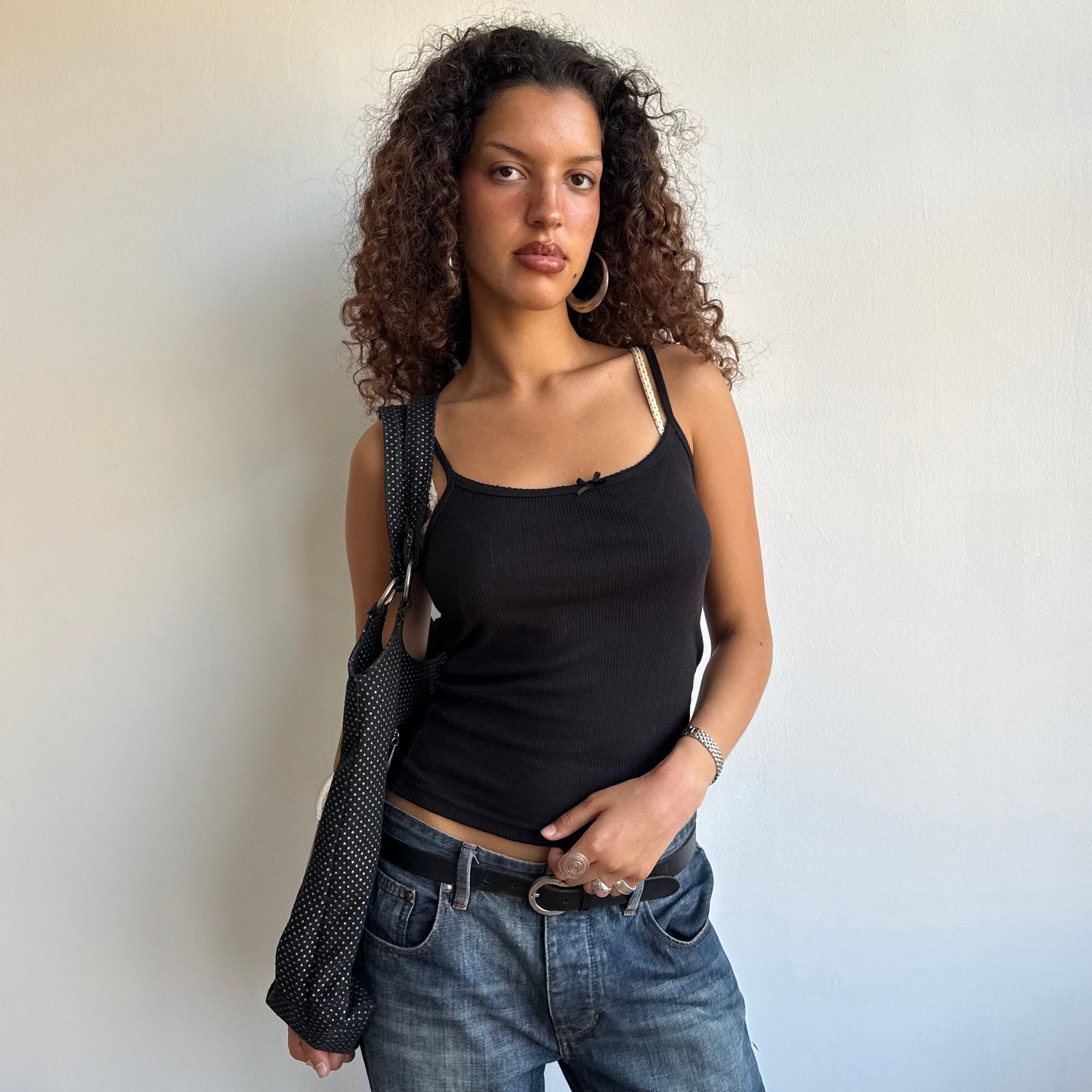 Black polka dot tote bag