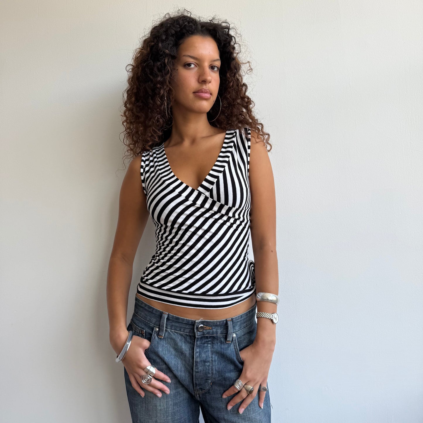 Black + white ballet wrap top - Size S