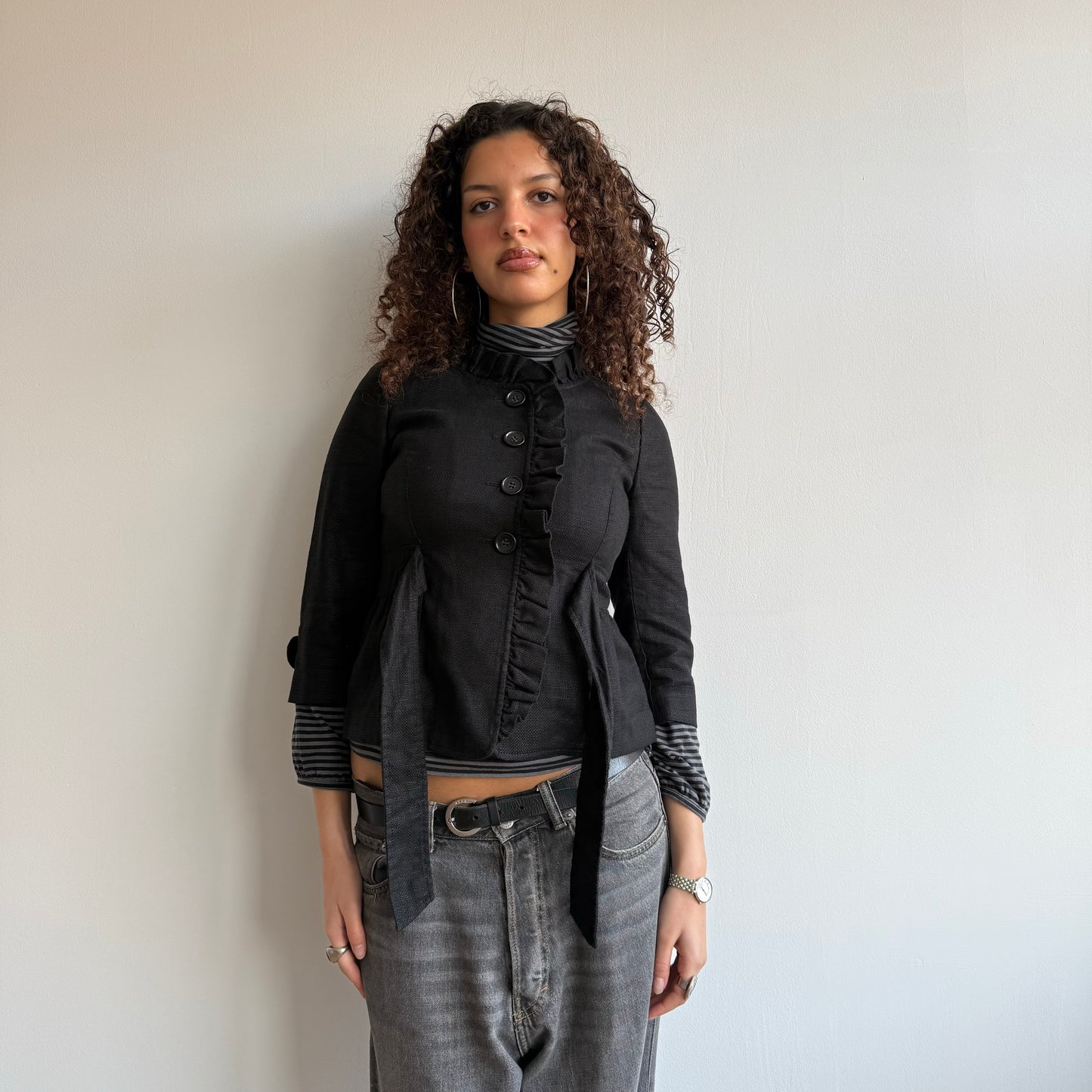 Black ruffle tie belt jacket - Size XS