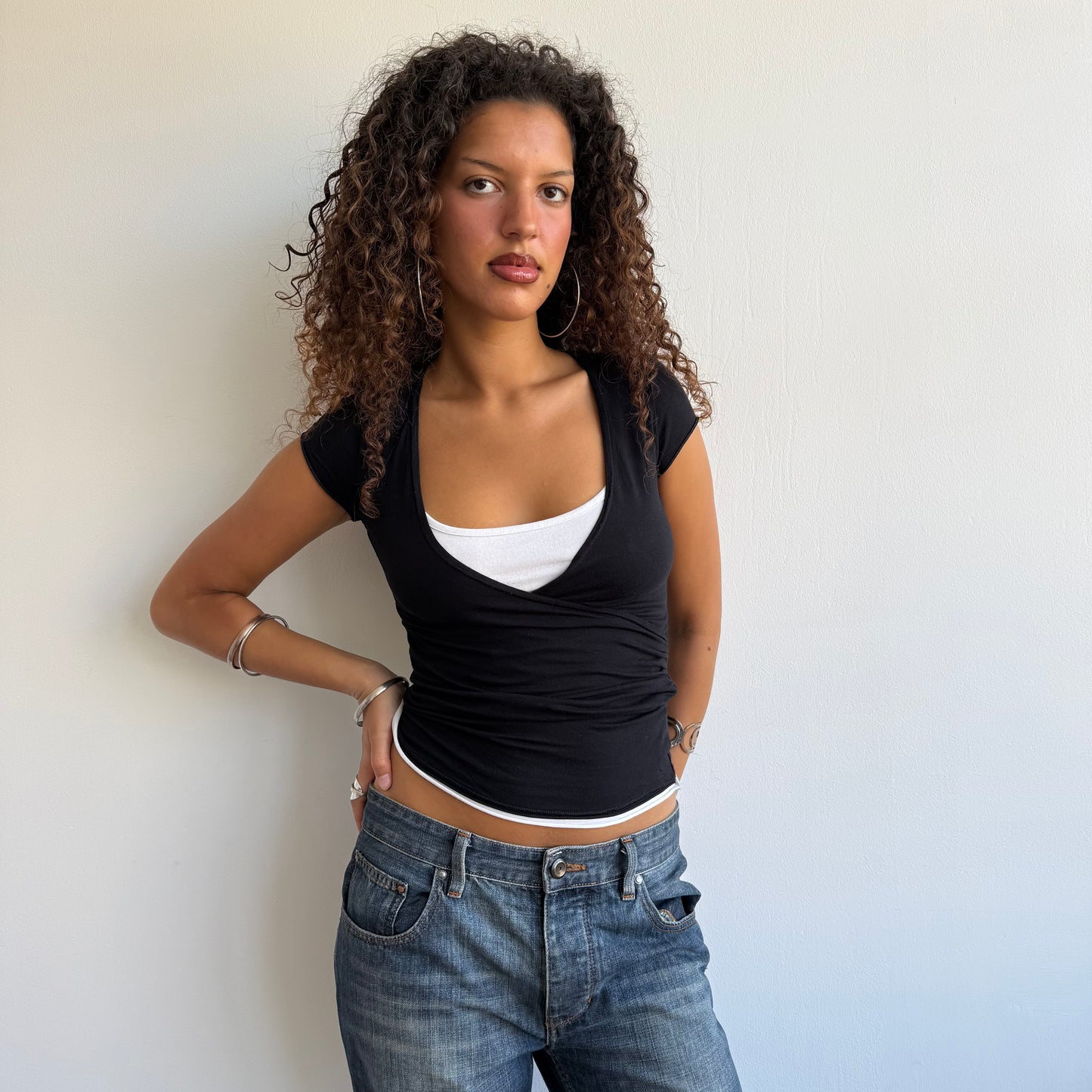 Black + white double layer wrap top - Size S + L