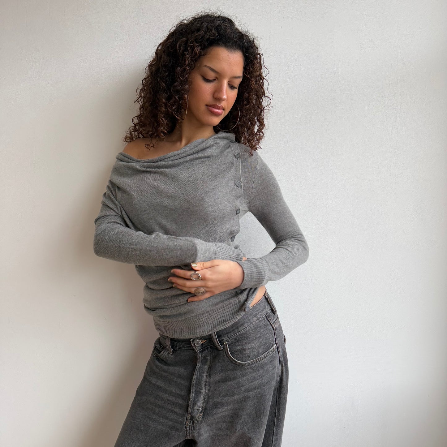 Grey knit button jumper dress - Size S