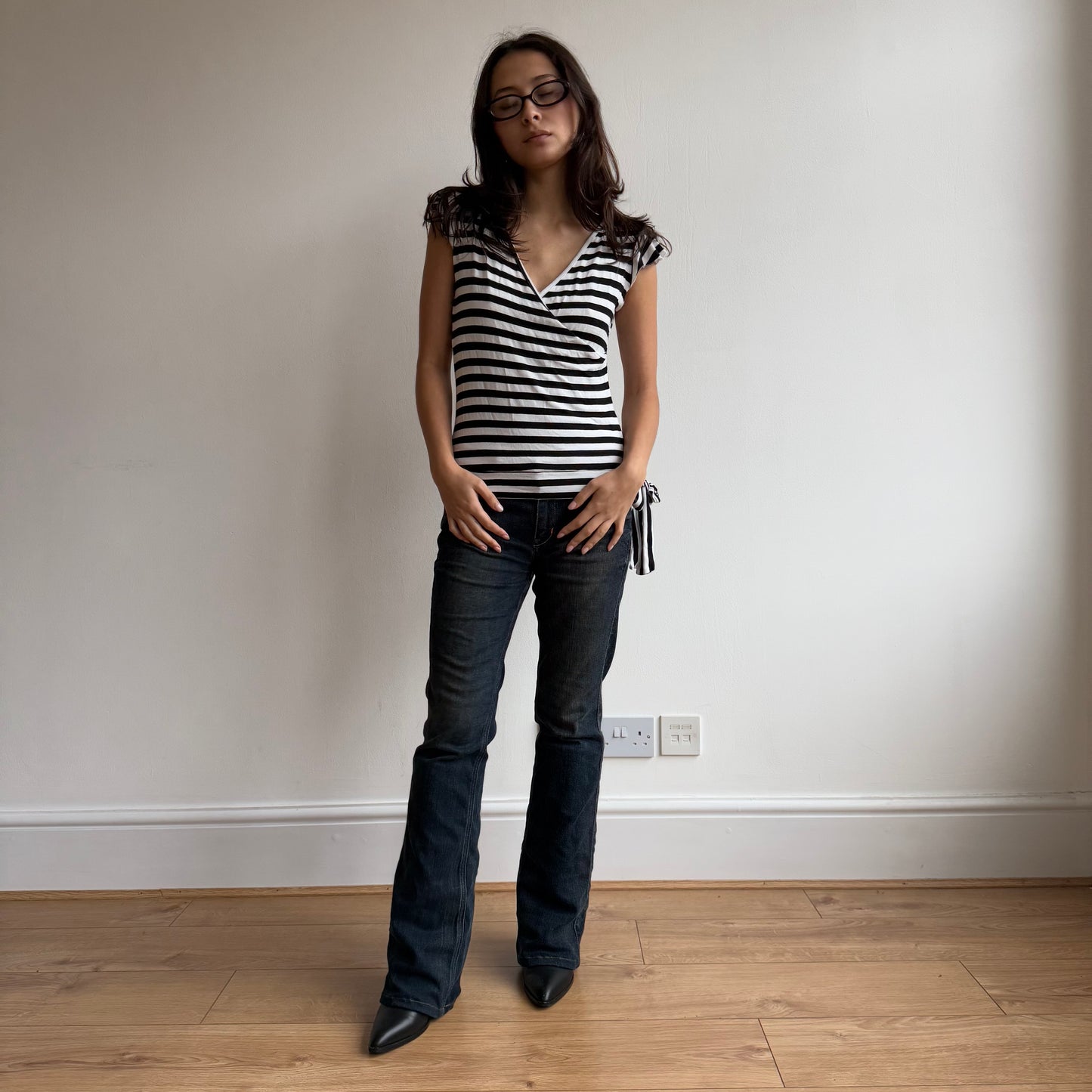 Black striped wrap short sleeve top - Size S