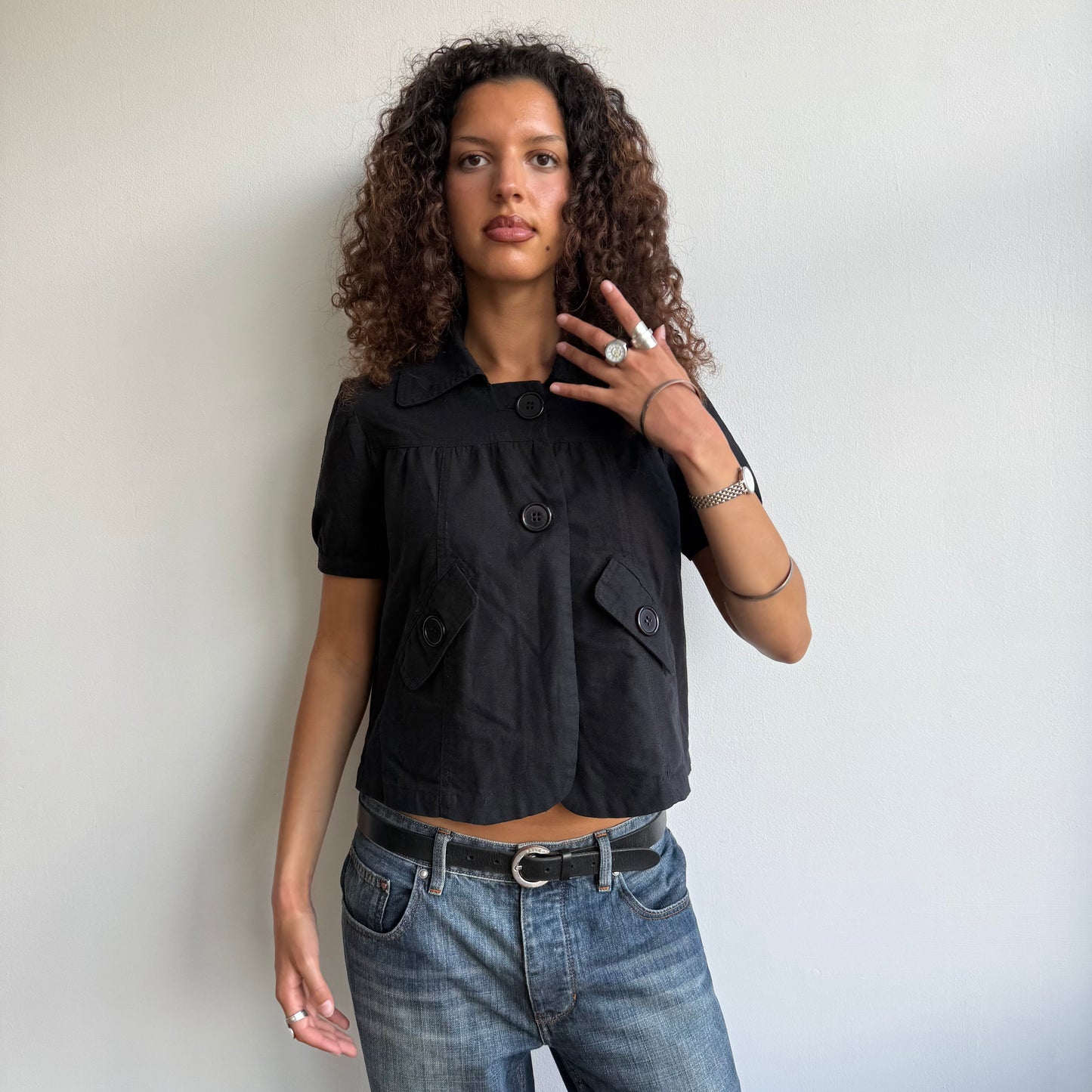 Black linen short sleeve peacoat - Size S/M