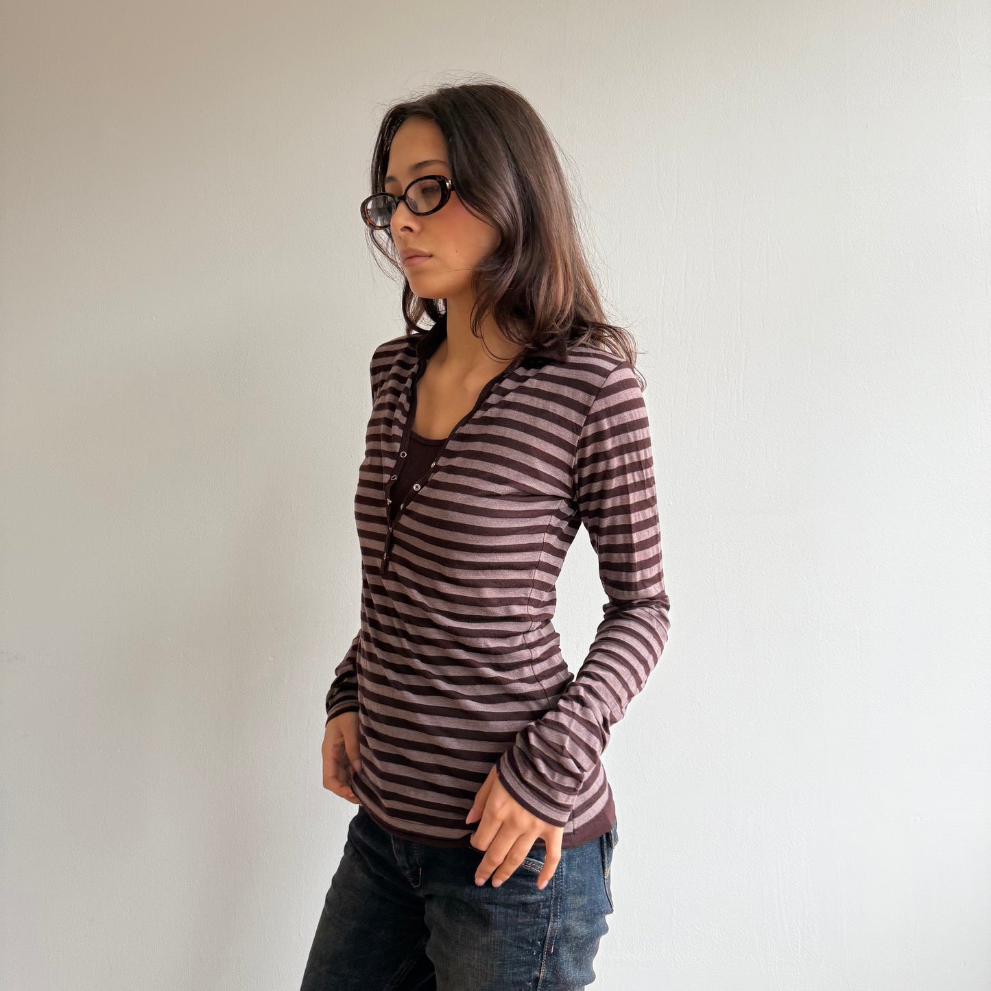 Brown stripe collar top - Size S