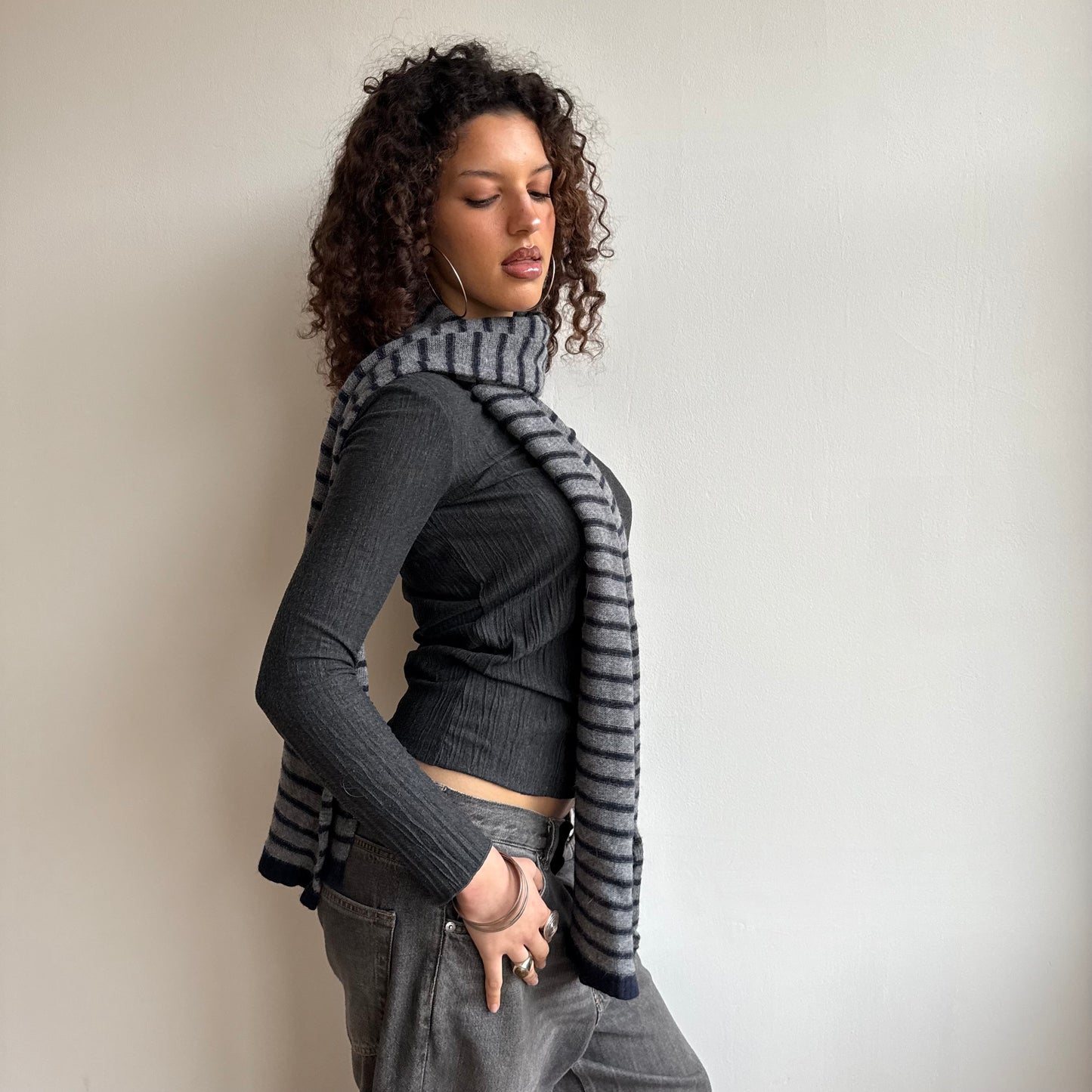 Grey and navy stripe scarf