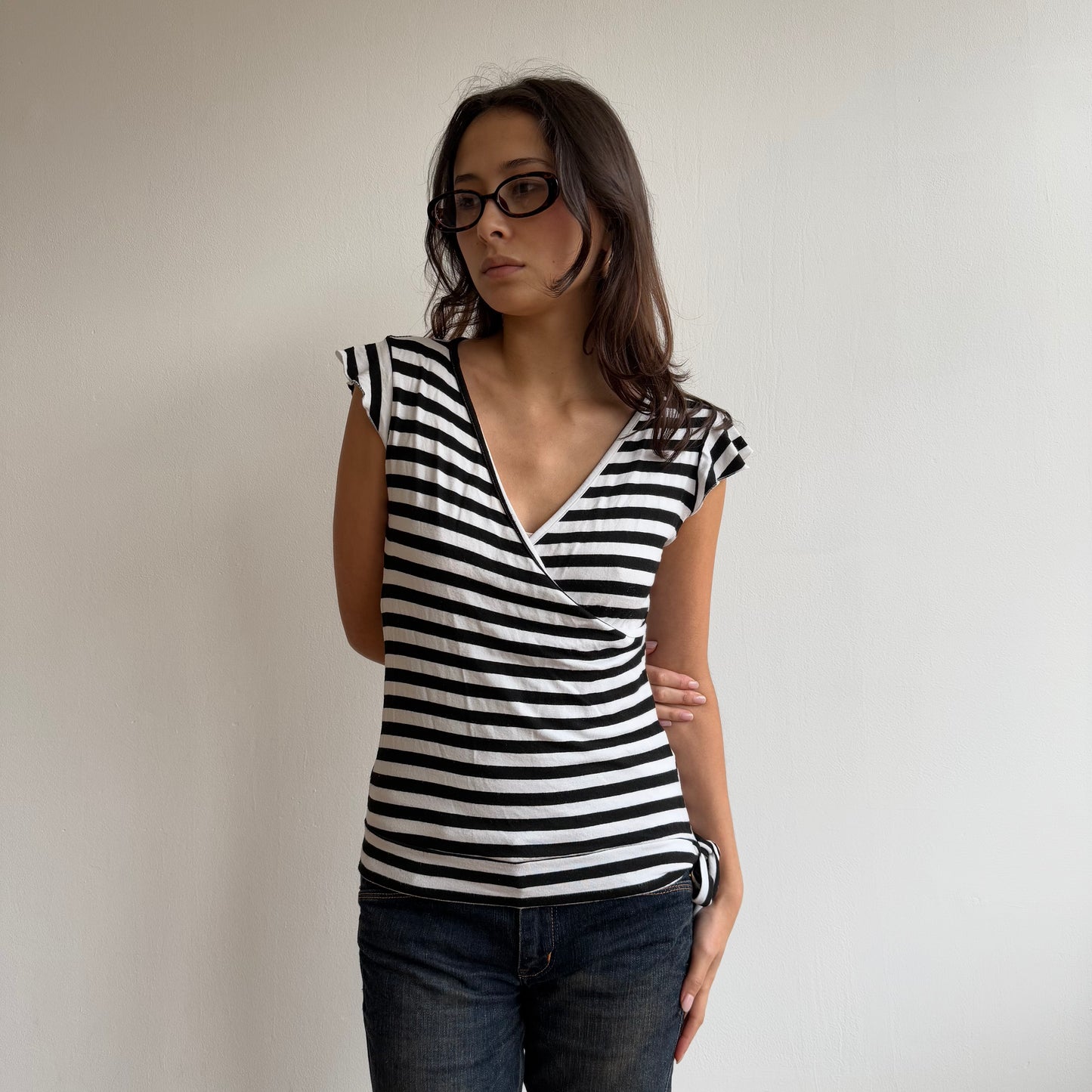 Black striped wrap short sleeve top - Size S