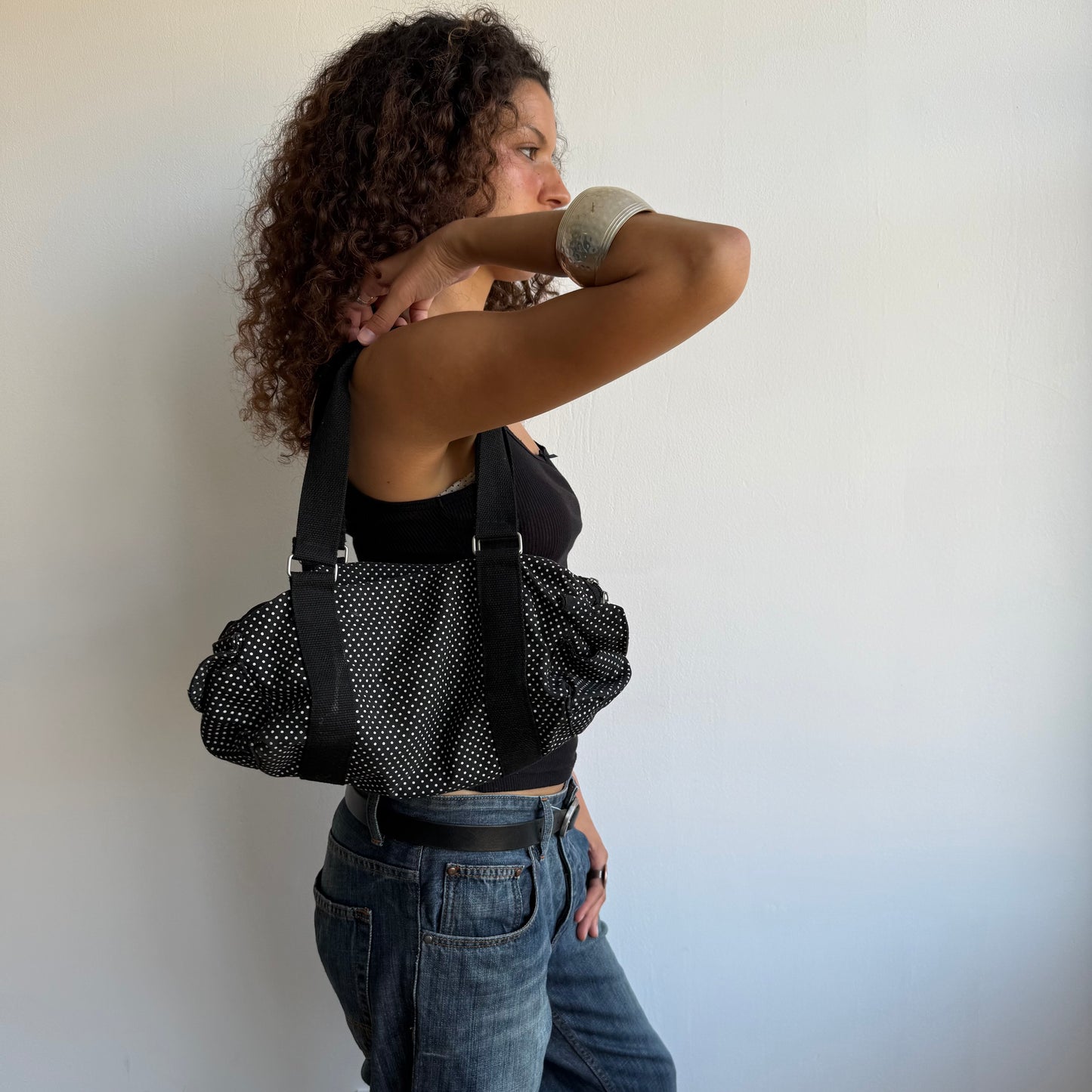 Black polka dot bowling bag