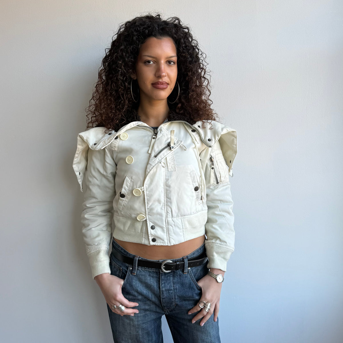 White fur hood cargo bomber - Size S