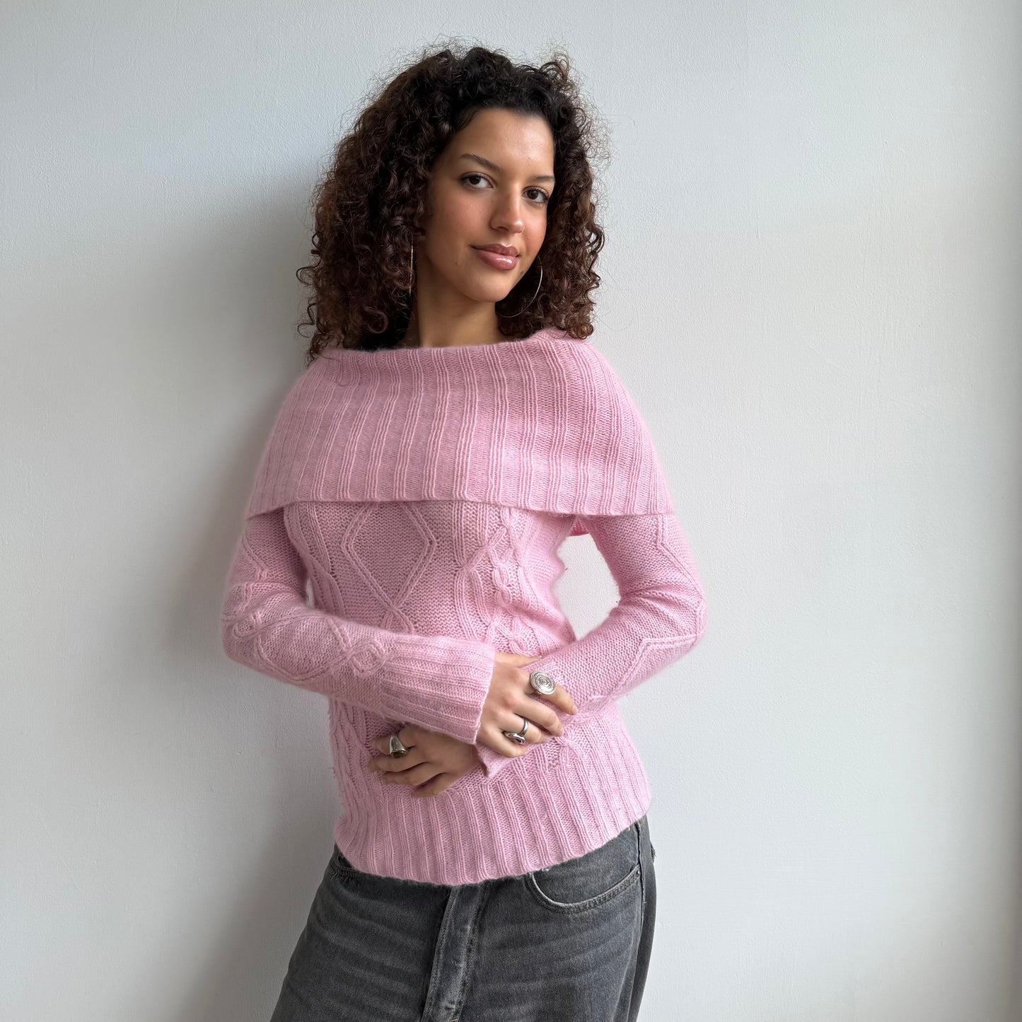 Pink knit Bardot jumper - Size S/M