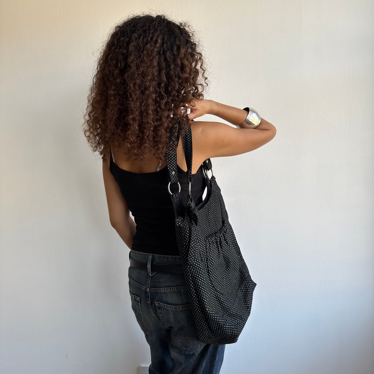 Black polka dot tote bag