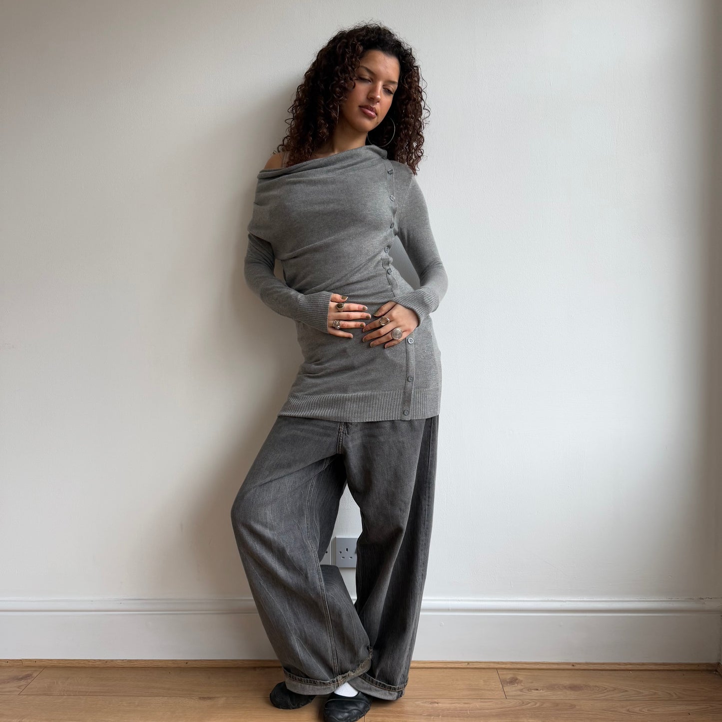 Grey knit button jumper dress - Size S