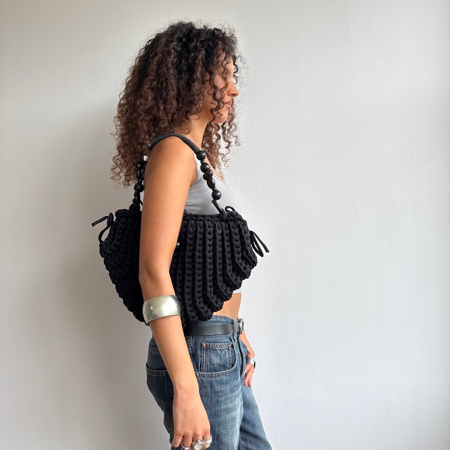 Black macrame hobo bag