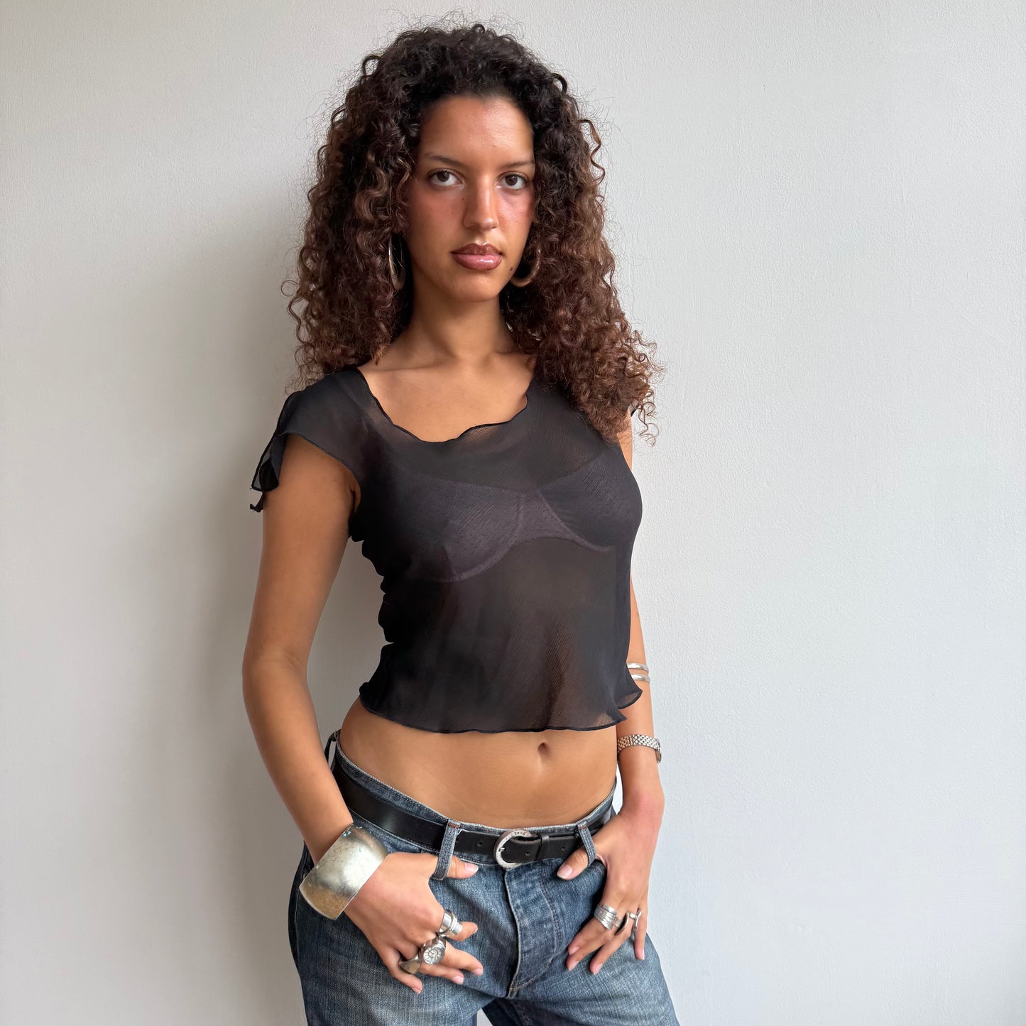 Black asymmetric chiffon top - Size S