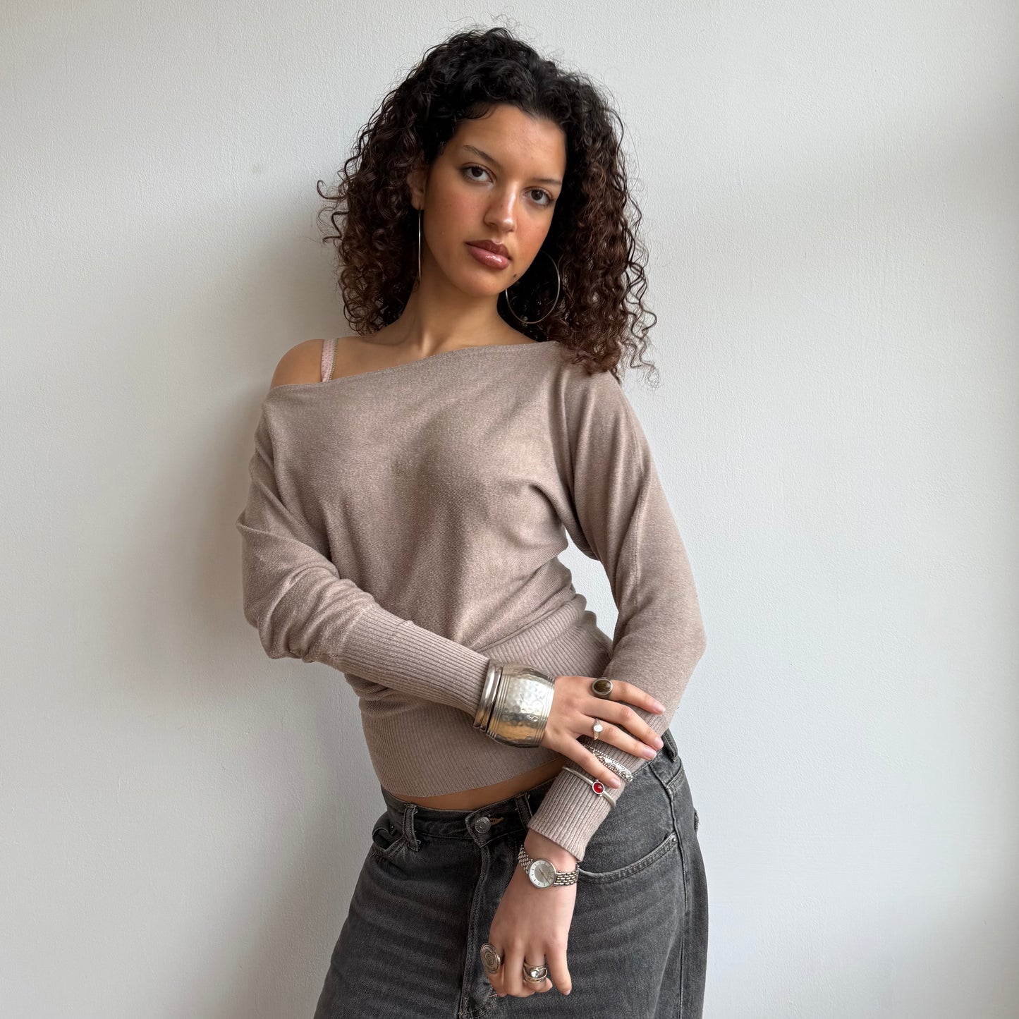 Beige slouchy knit jumper - Size S-M