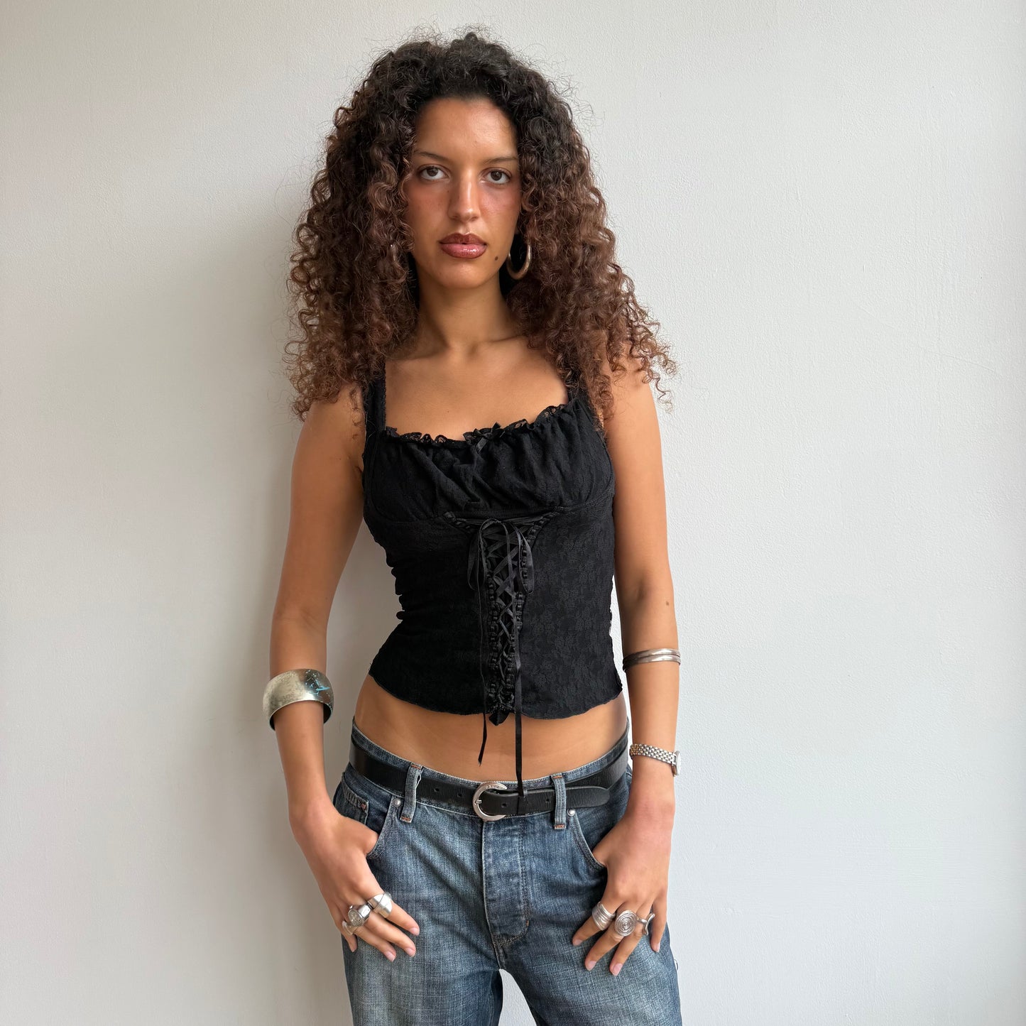 Black lace milkmaid top - Size S