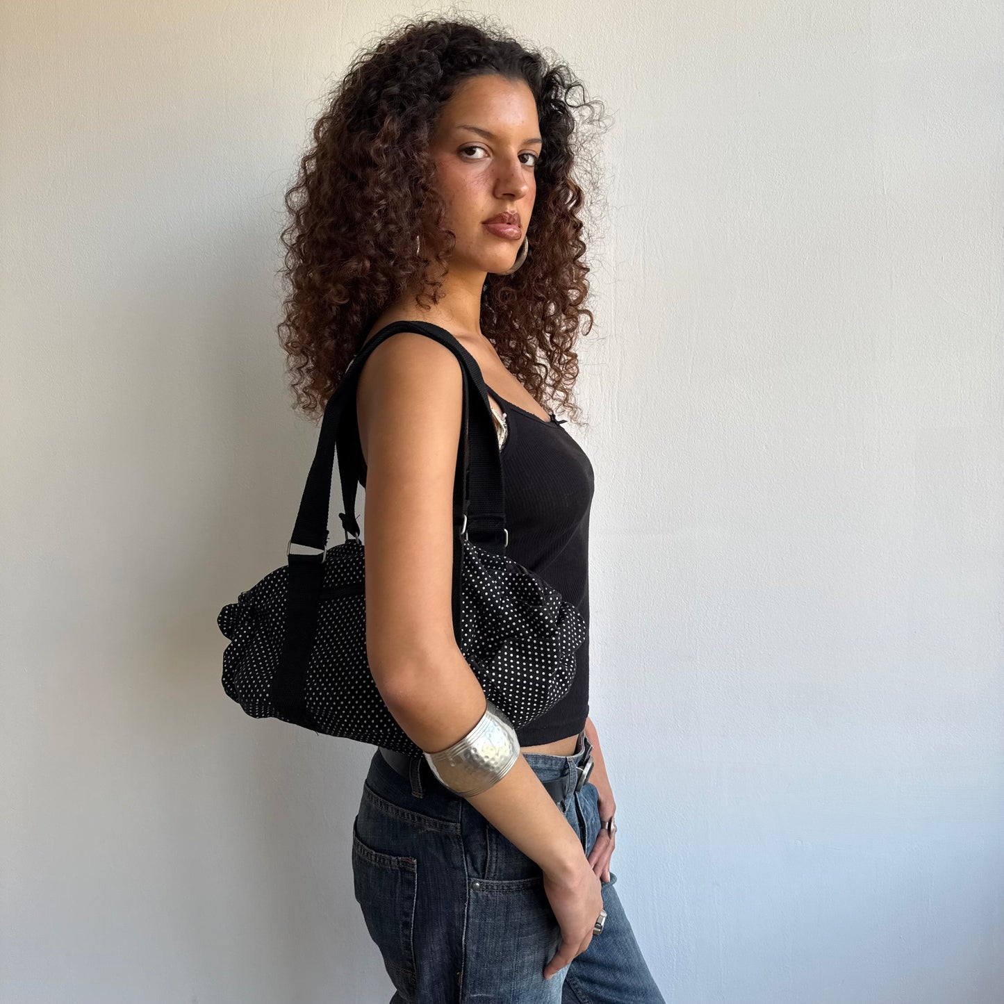 Black polka dot bowling bag
