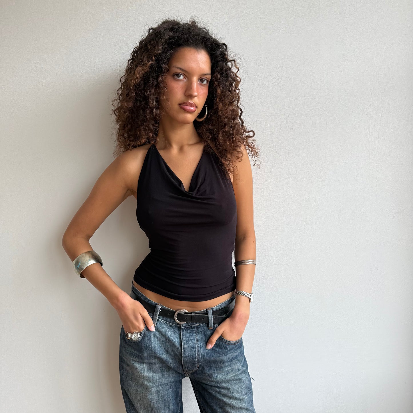 Brown cowl neck slinky top - Size S