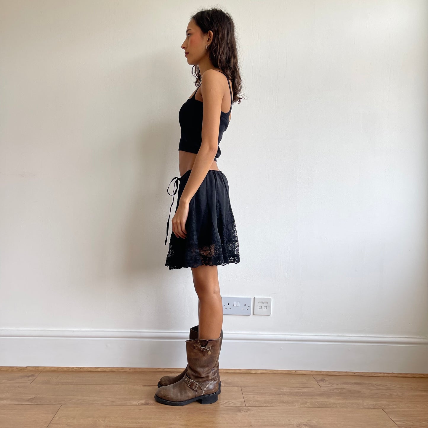 Black satin lace mini skirt - Size S