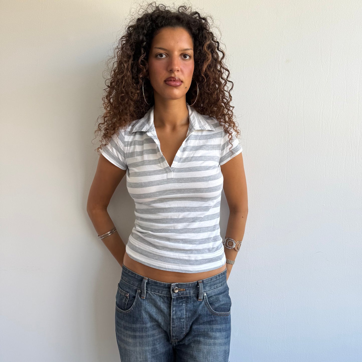 Grey + white stripe polo - Size S + M