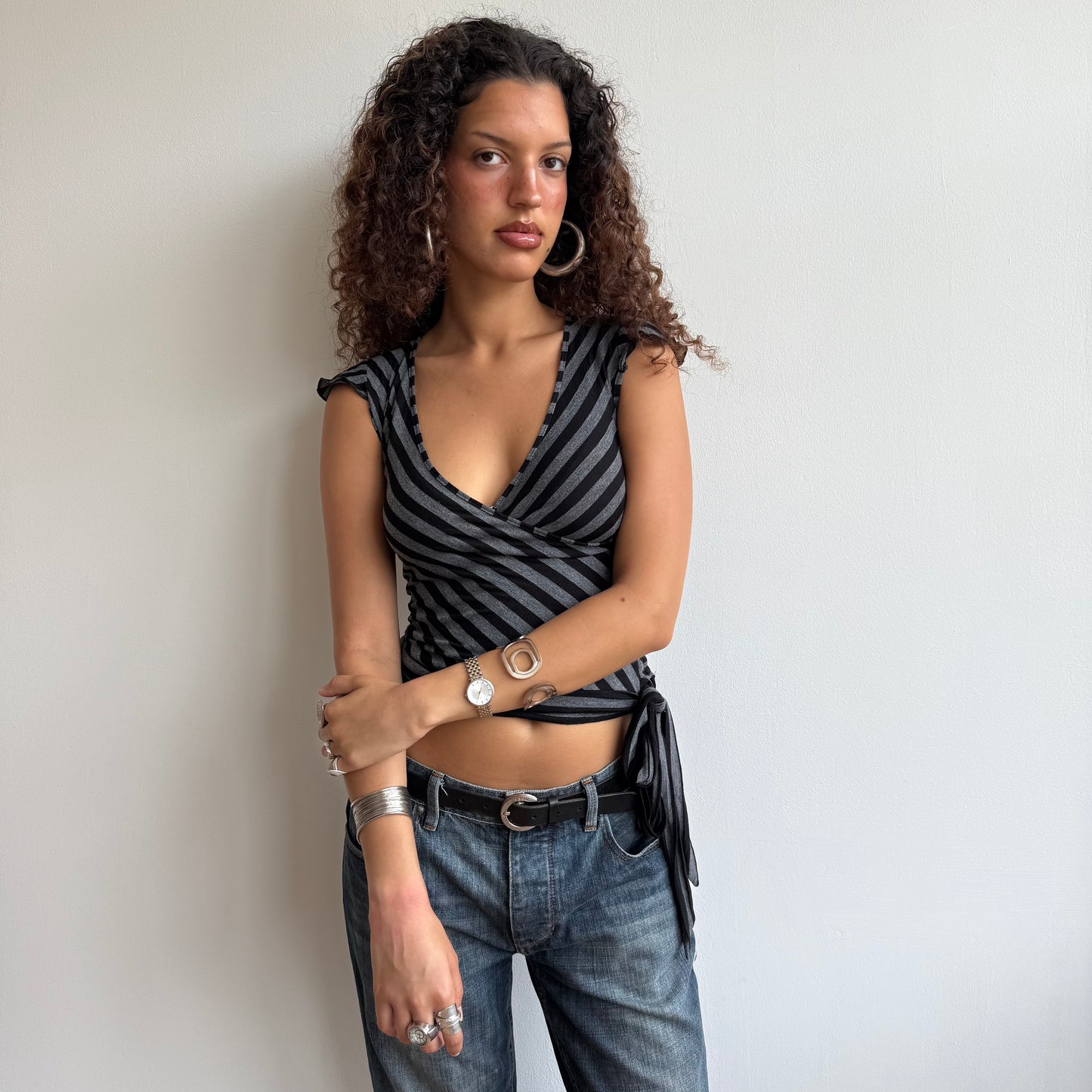 Black + grey stripe wrap t-shirt - Size S