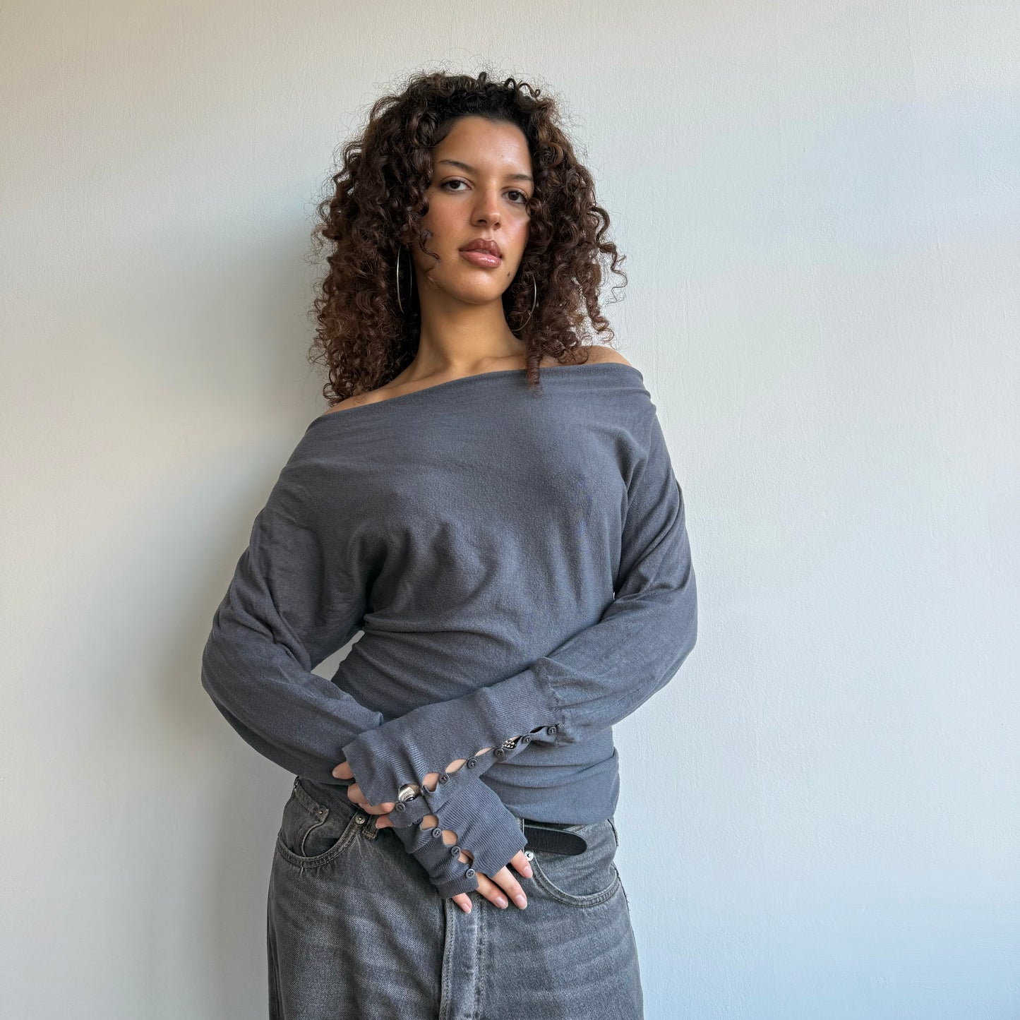 Grey slouchy button jumper - Size S